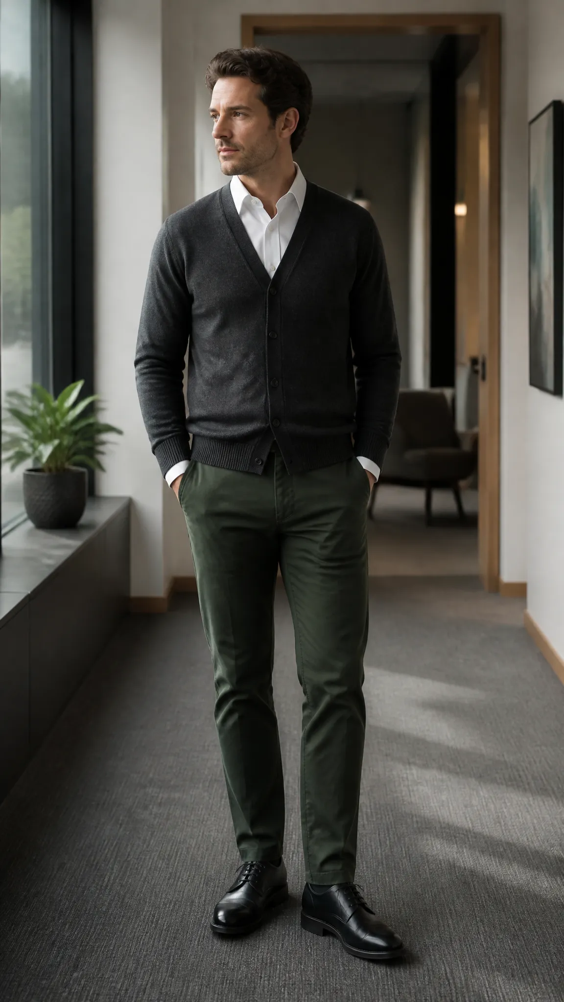Cardigan With Dark Green Chinos
