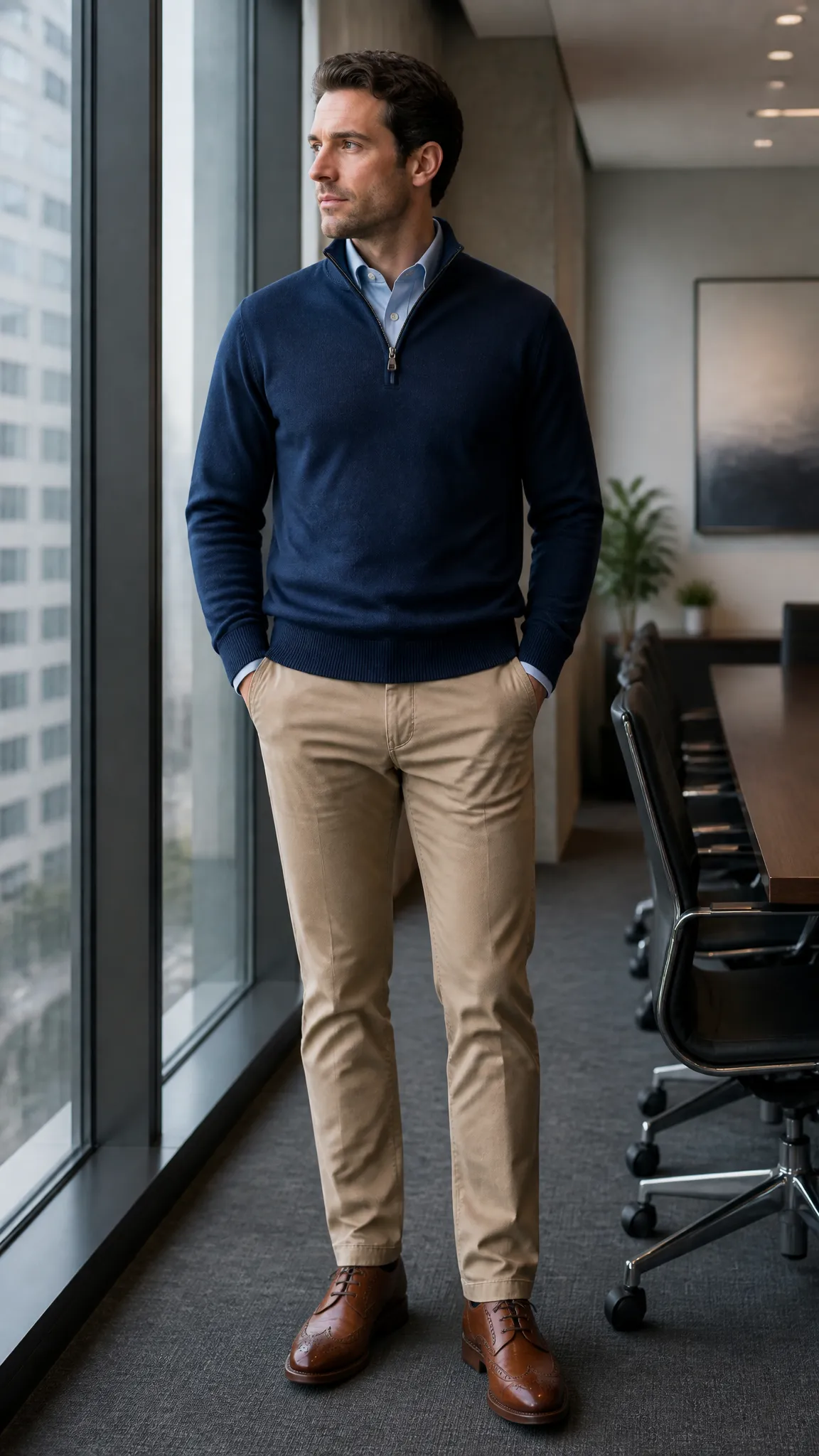 Quarter-Zip With Tan Chinos