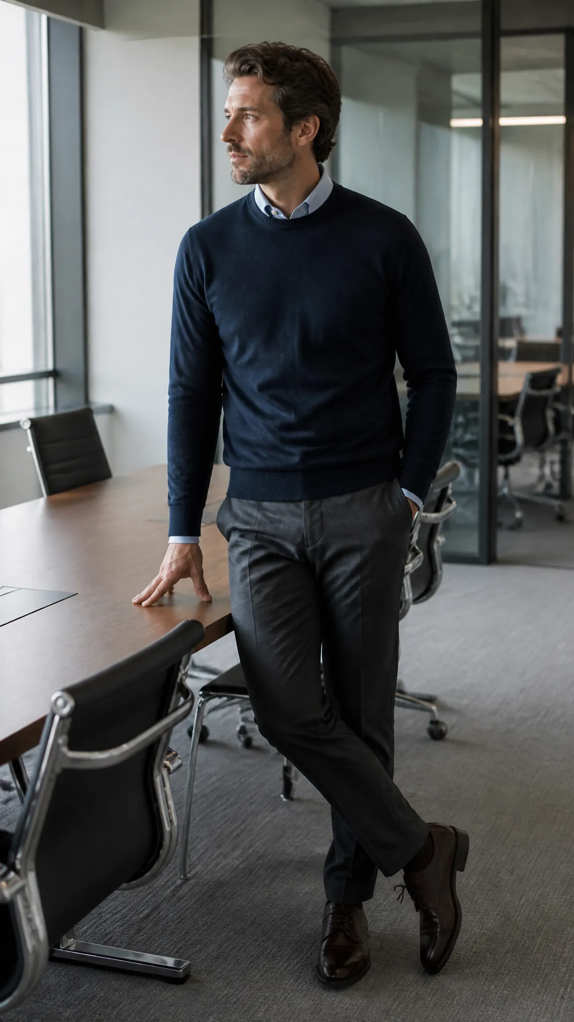 Fine-Gauge Sweater Over a Collared Shirt