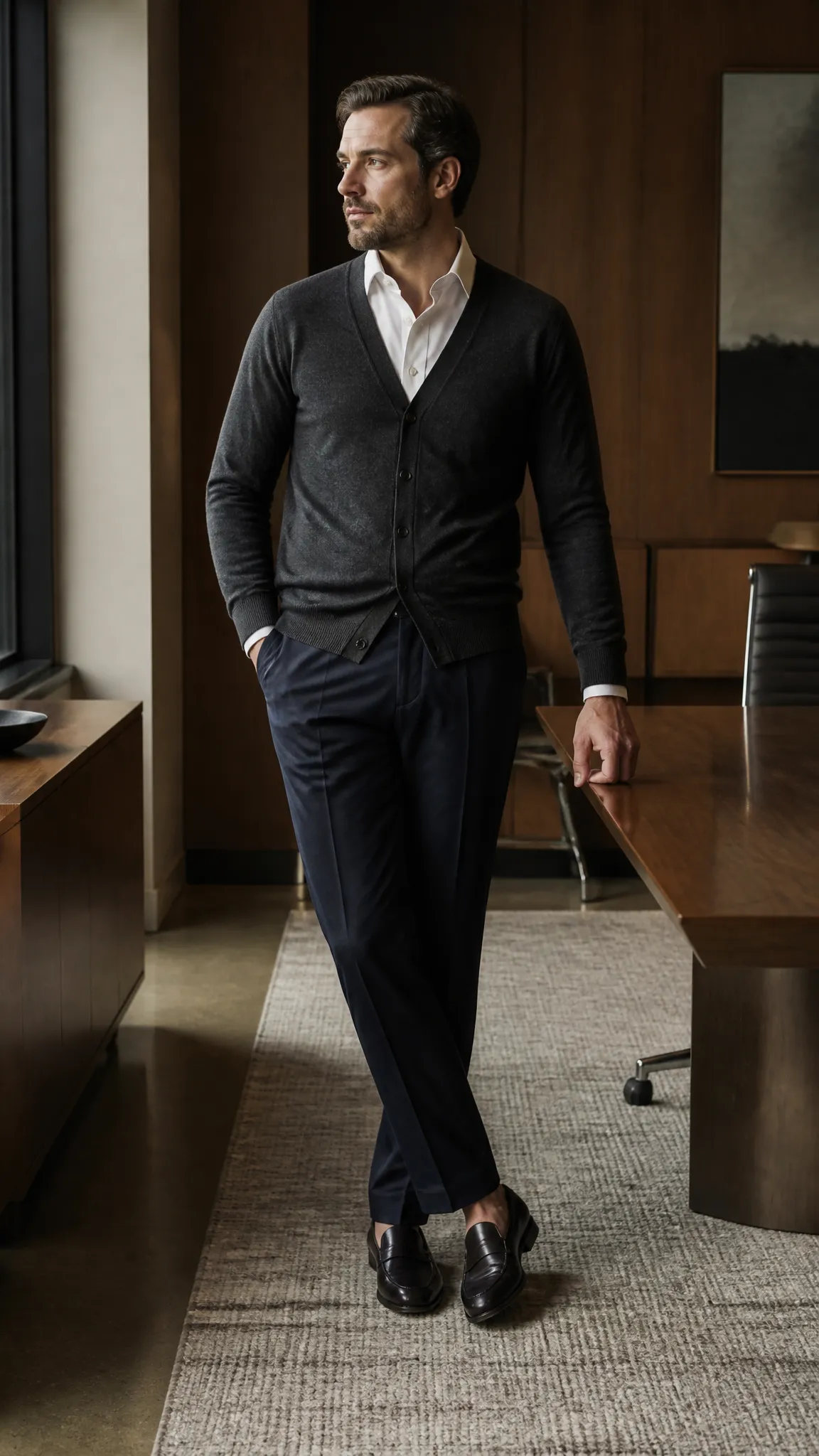 Cardigan, Dress Shirt, and Wool Pants
