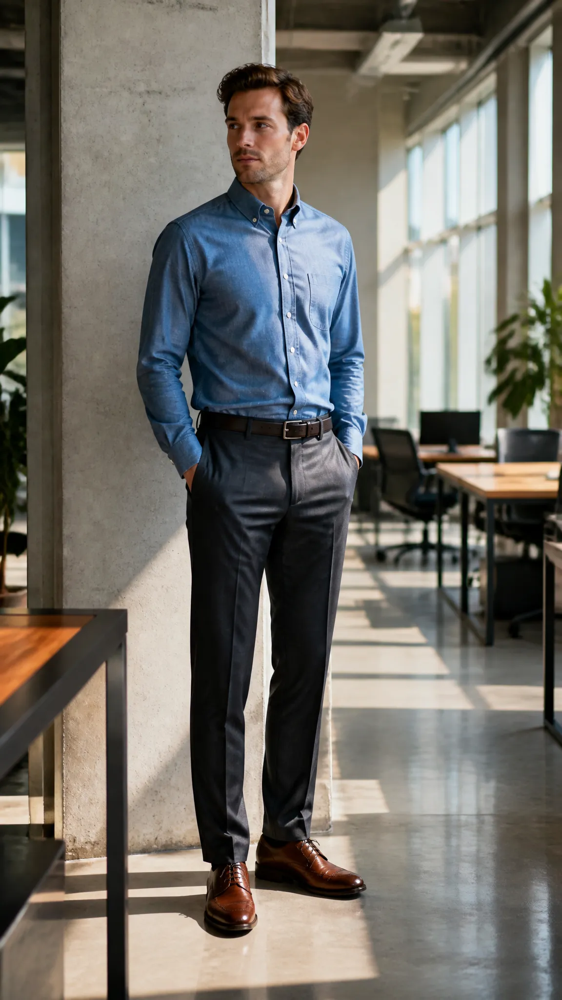 Chambray Shirt and Dark Trousers