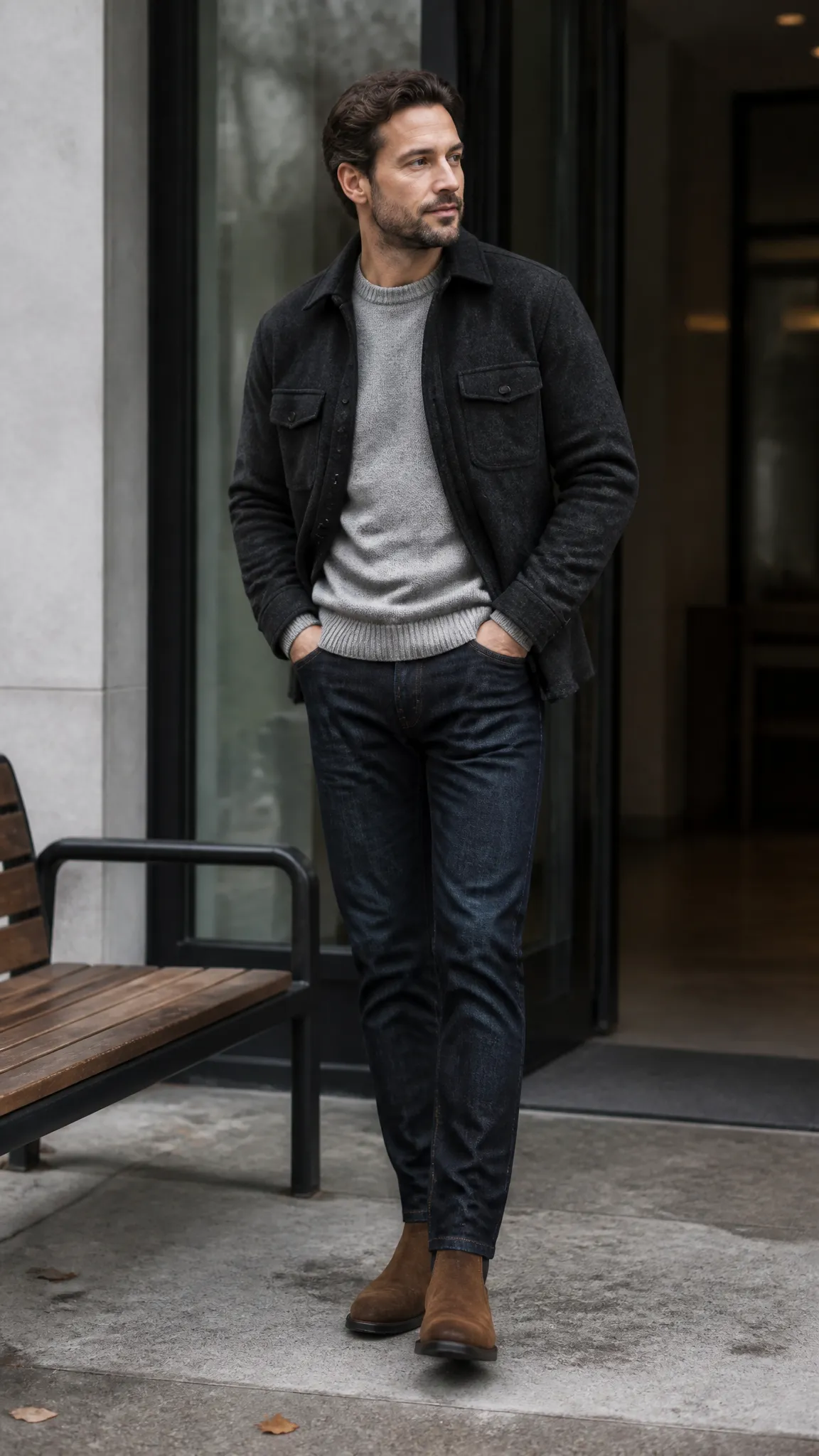 Overshirt, Fine-Knit Sweater, and Dark Denim
