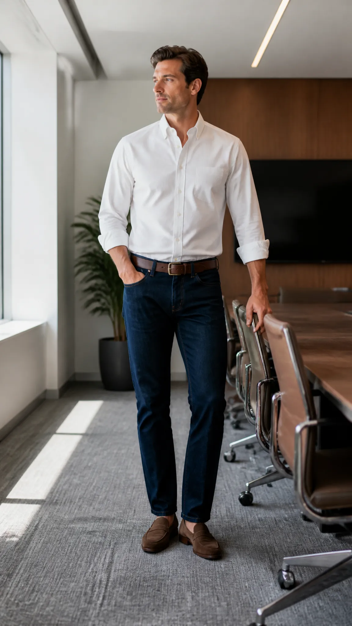 Oxford Shirt, Dark Jeans, and Loafers