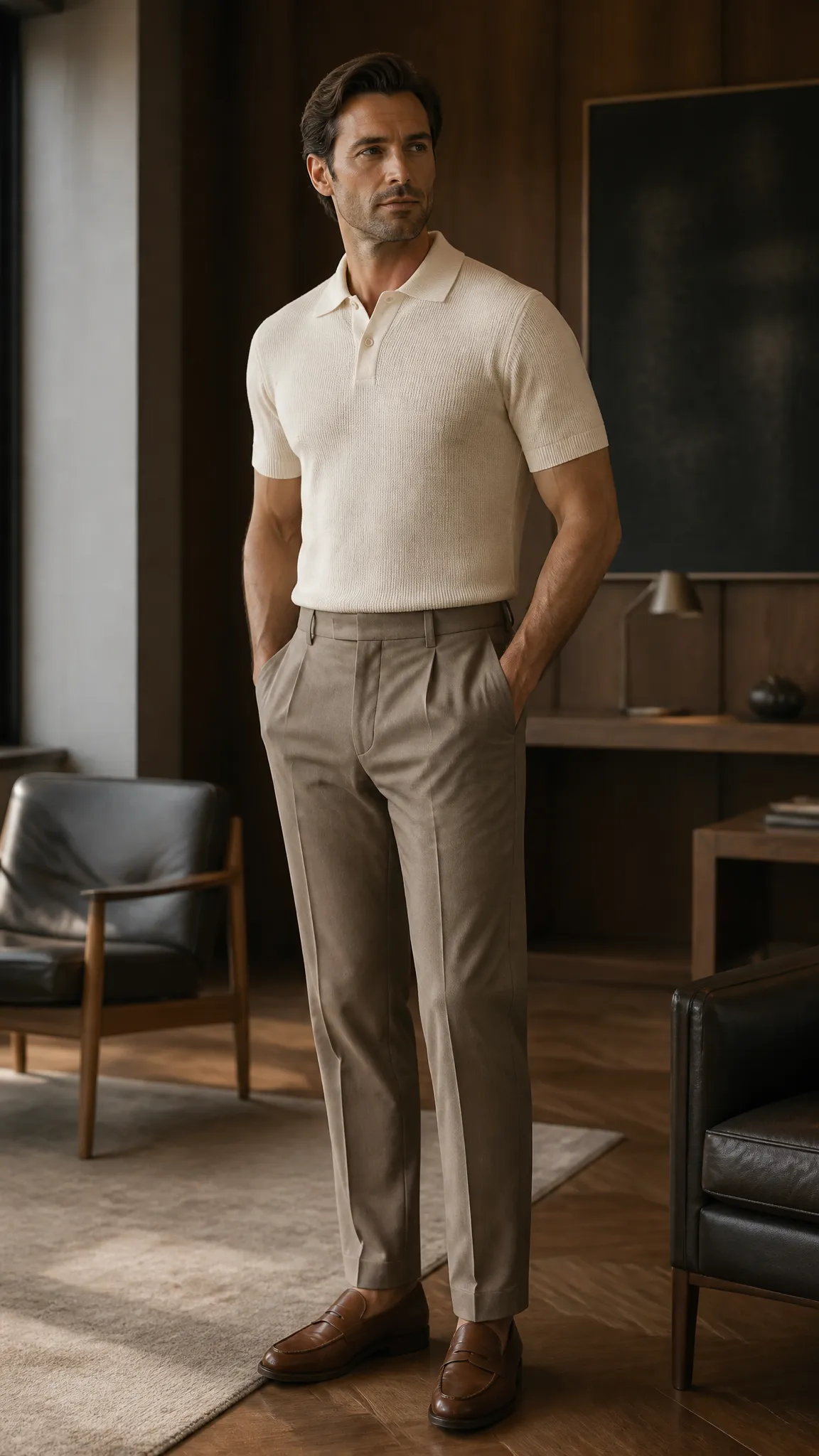 Knit Polo, Pleated Trousers, and Loafers