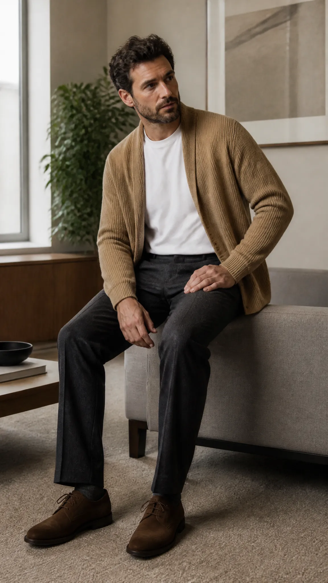 Cardigan, T-Shirt, and Wool Trousers