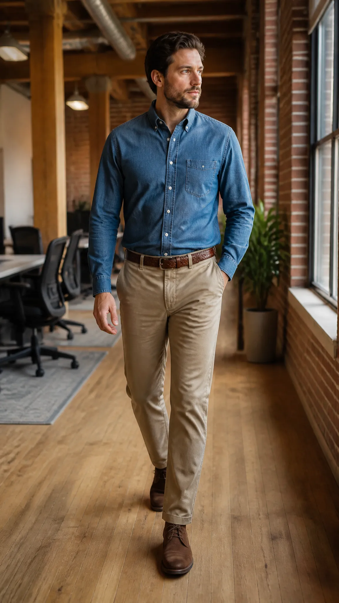 Denim Shirt and Khaki Chinos
