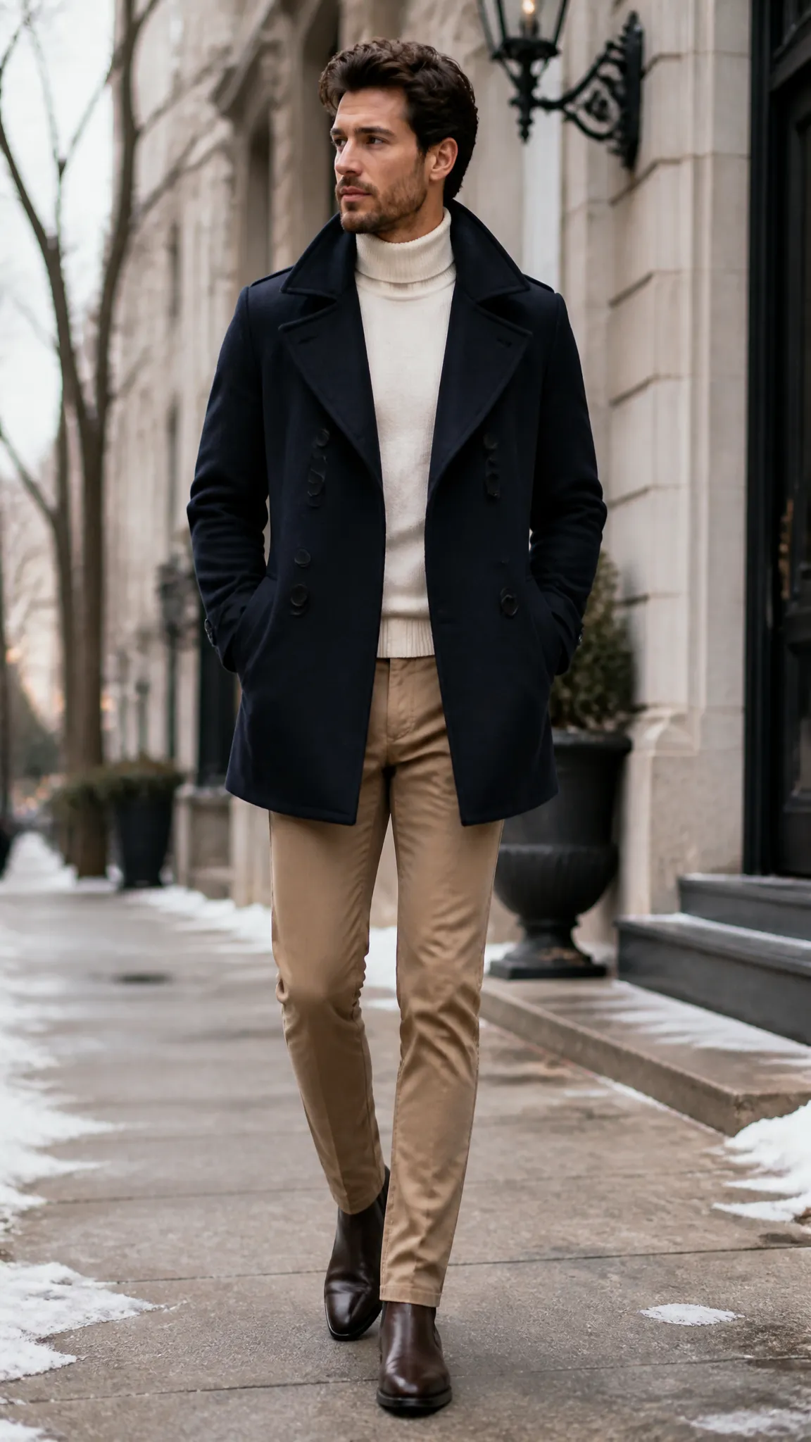 Peacoat With a Turtleneck and Chinos