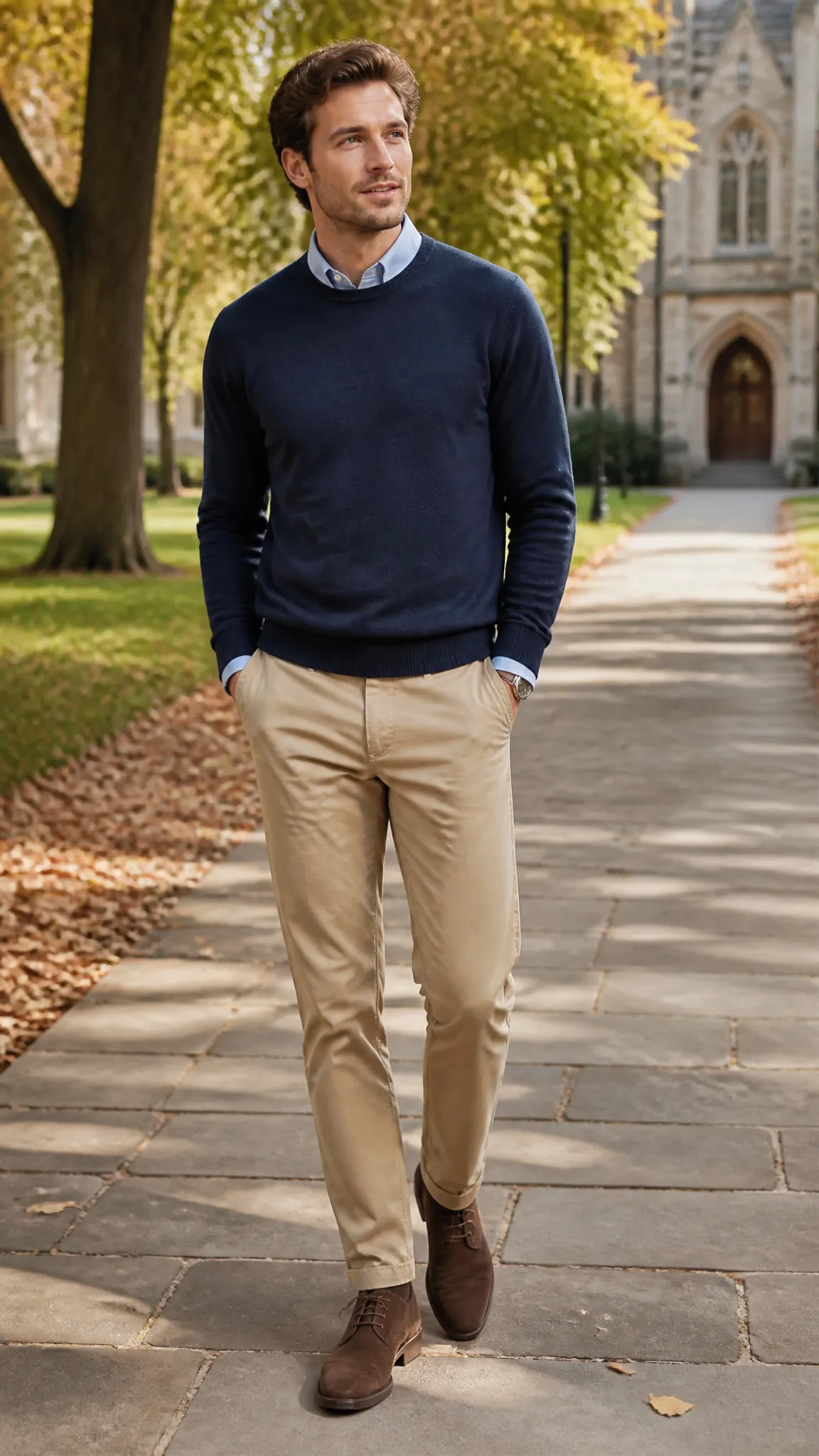 Crewneck Sweater Over an Oxford Shirt