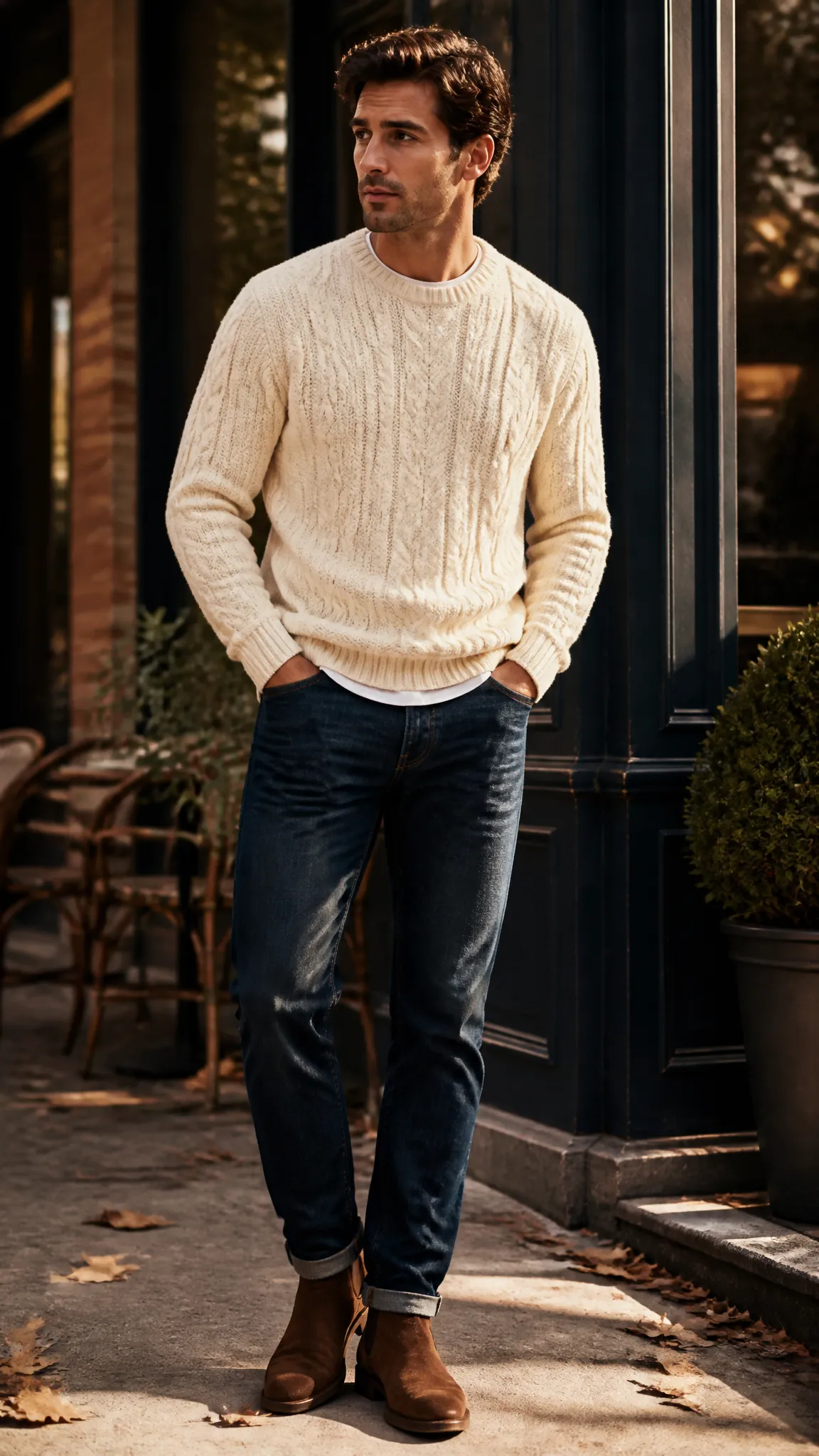 Cable-Knit Sweater With Dark Jeans