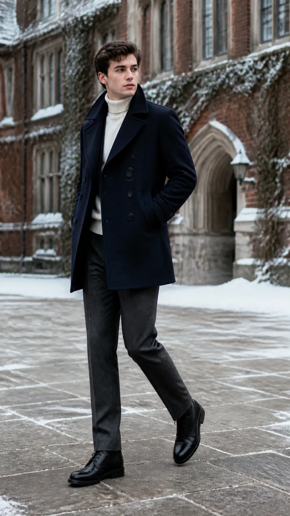 Peacoat With a Turtleneck and Trousers