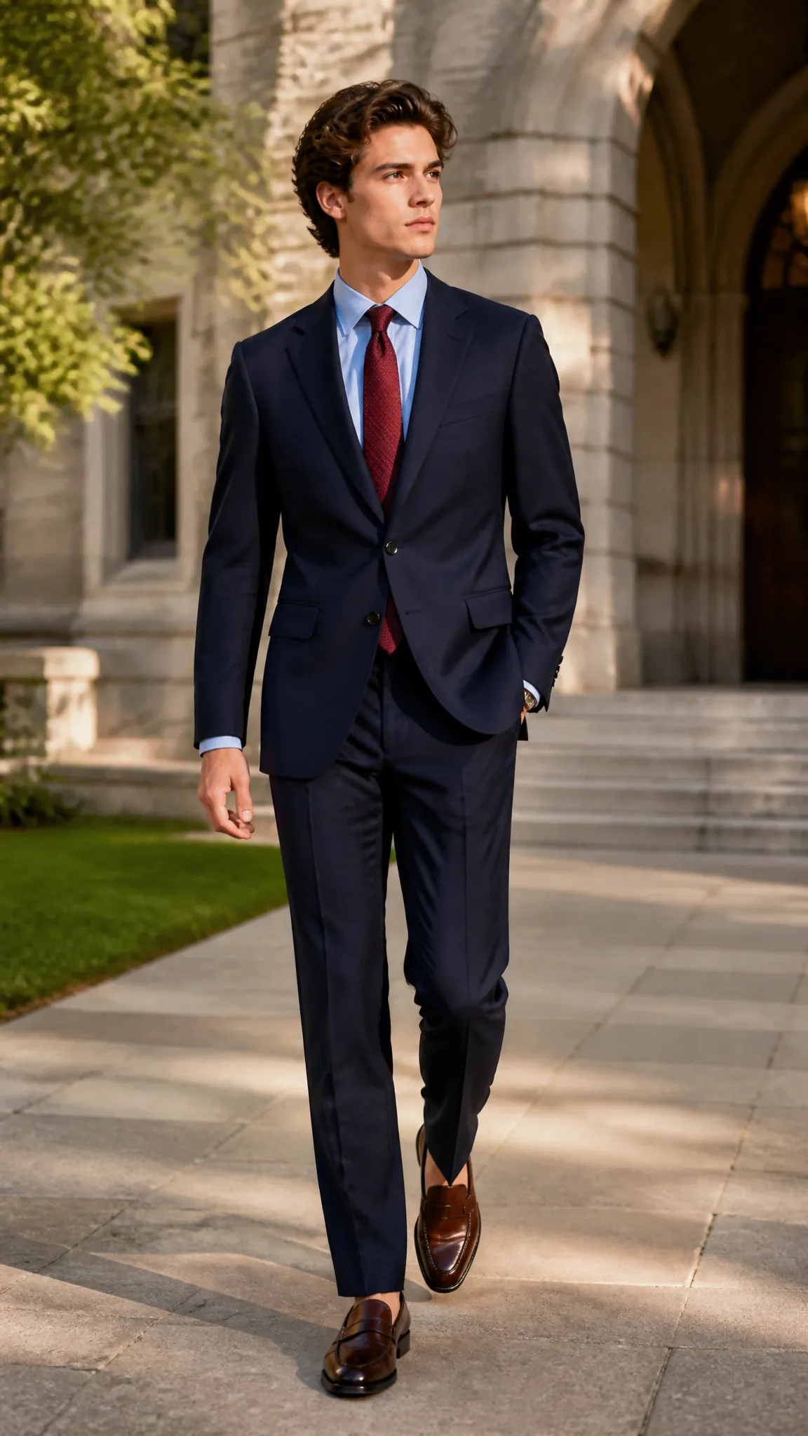 Navy Suit With a Knit Tie and Loafers