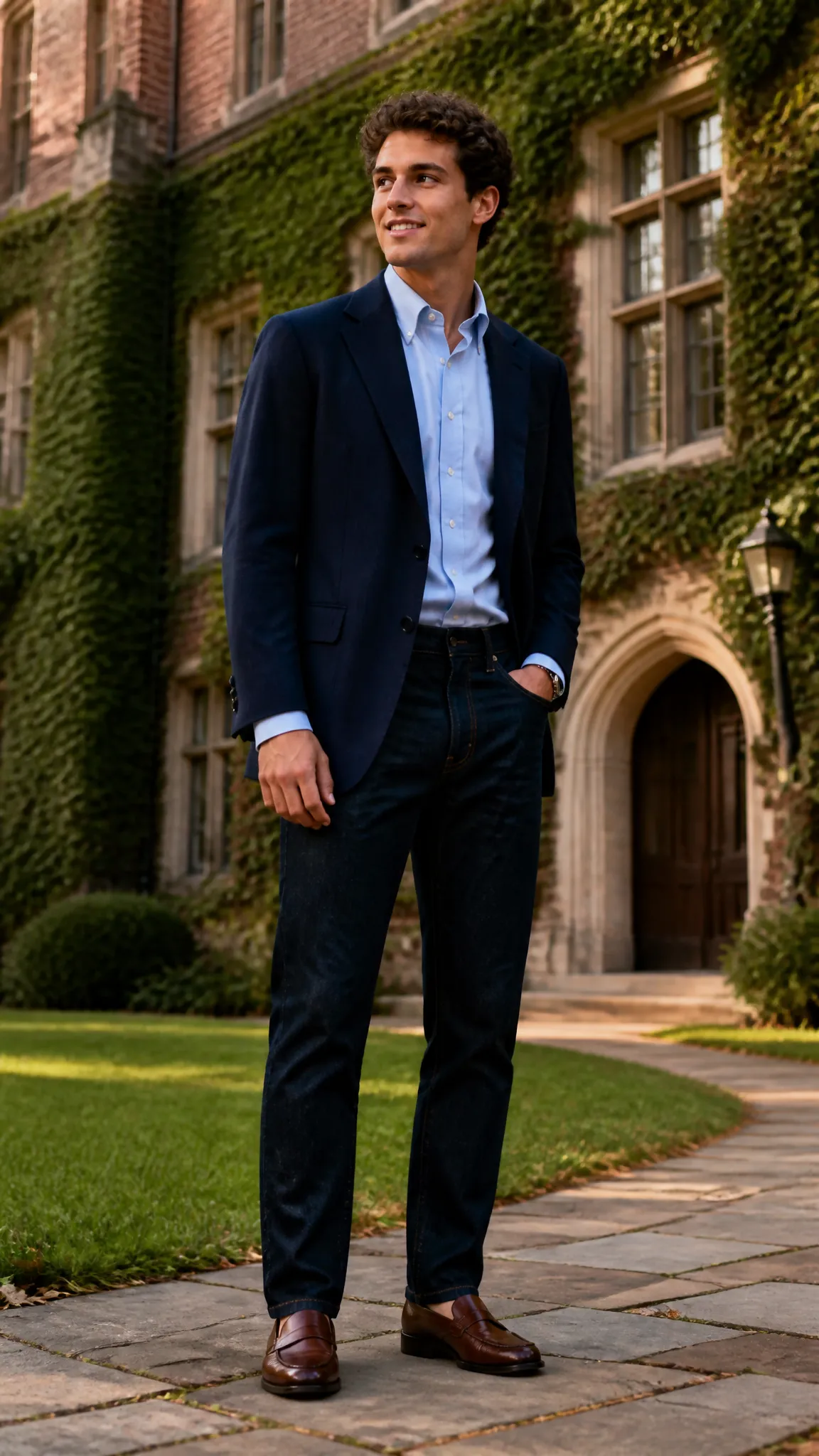 Navy Blazer With an OCBD and Jeans