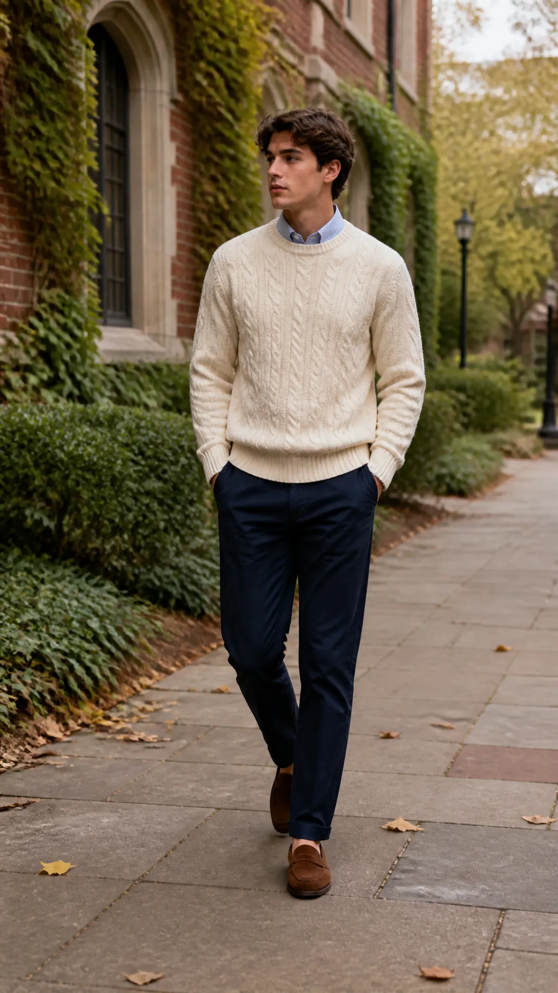 Cable-Knit Sweater Over a Collared Shirt