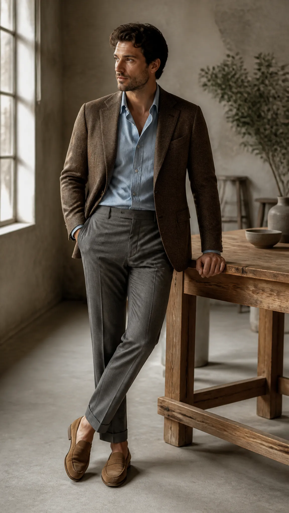 Denim Shirt and Textured Blazer