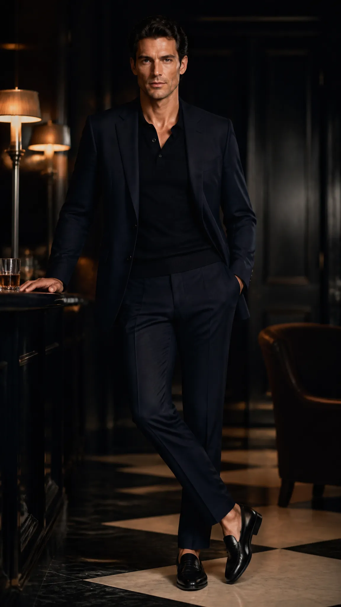 Navy Suit With a Black Knit Polo