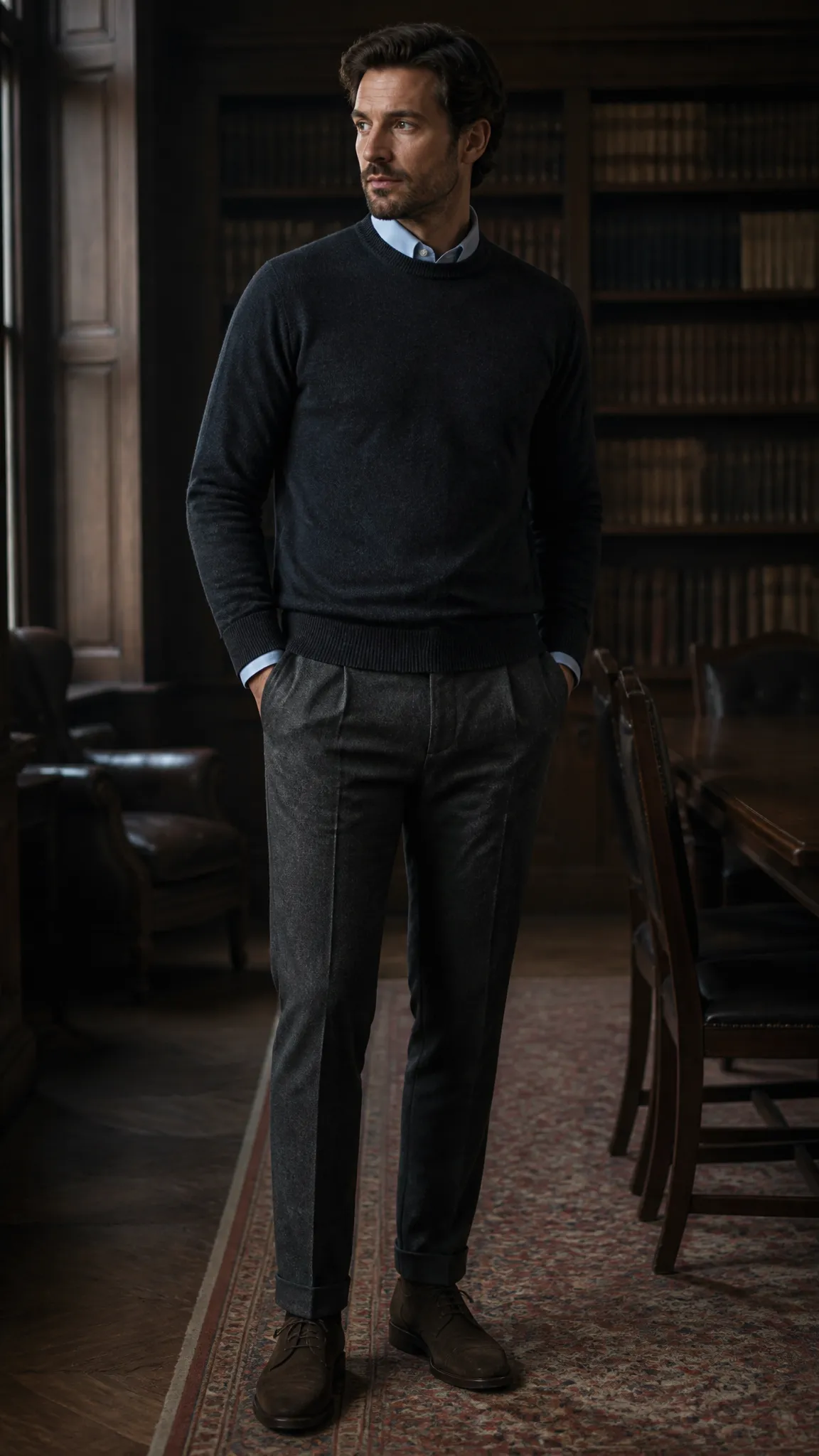 Charcoal Sweater Over a Blue Oxford Shirt