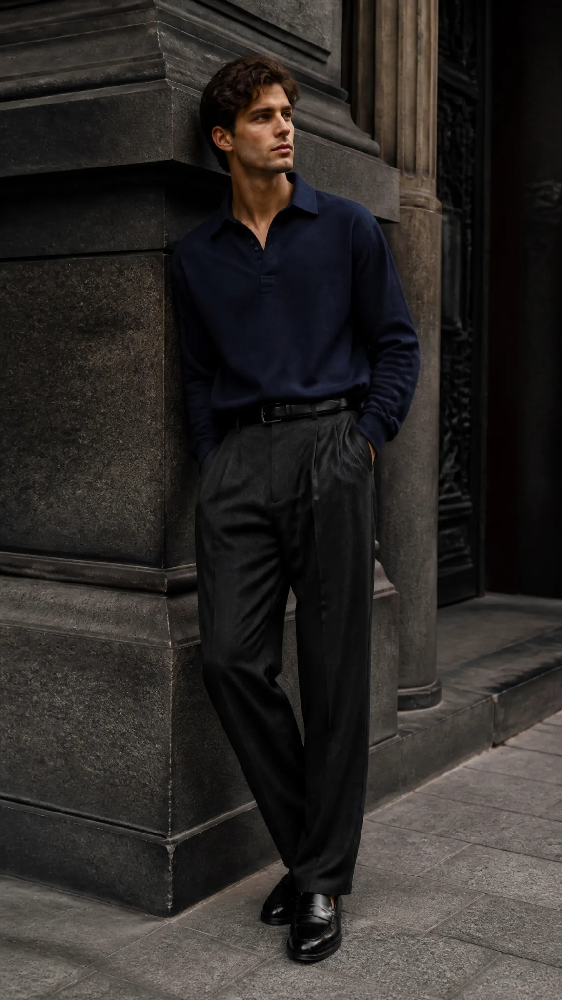Navy Rugby Shirt With Pleated Pants