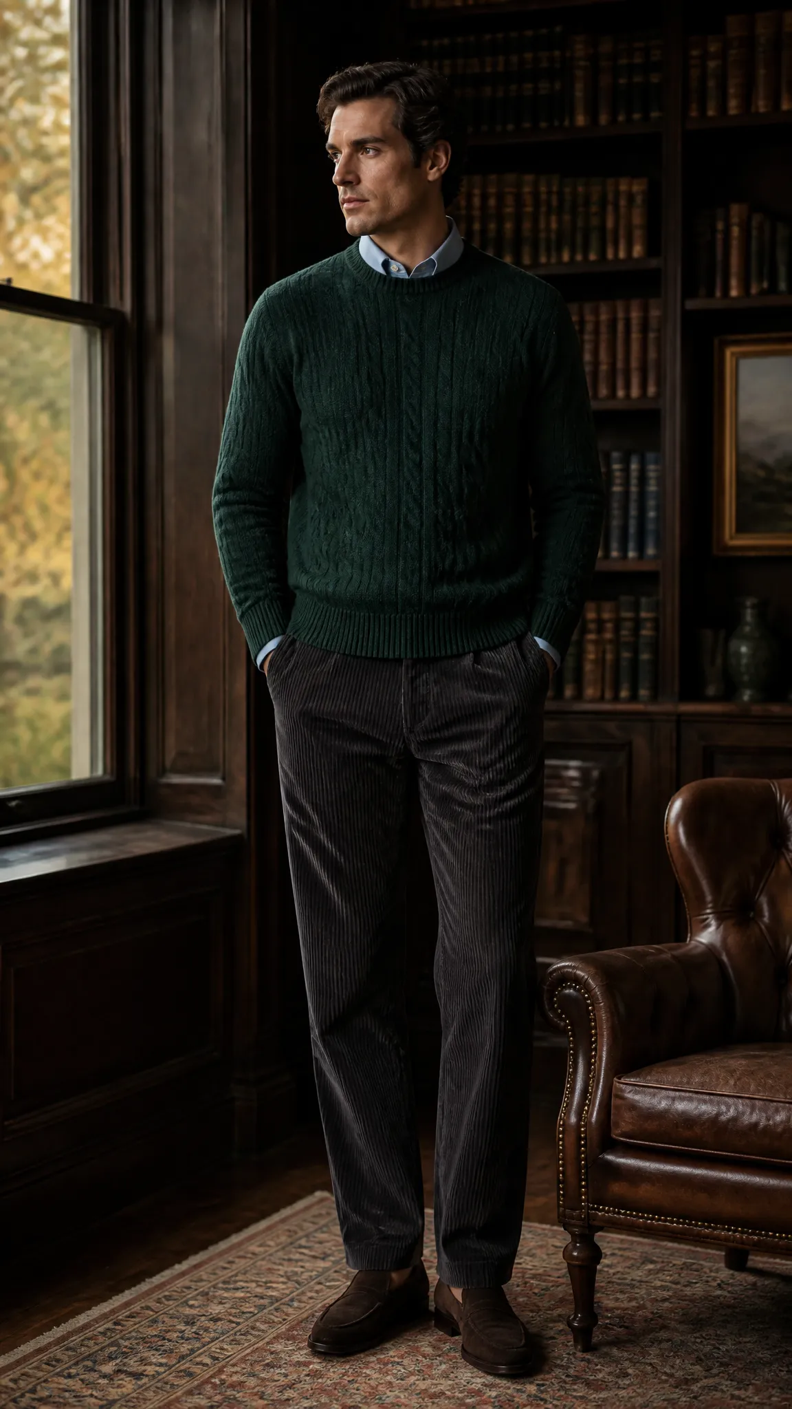 Cable-Knit Sweater With Dark Corduroys