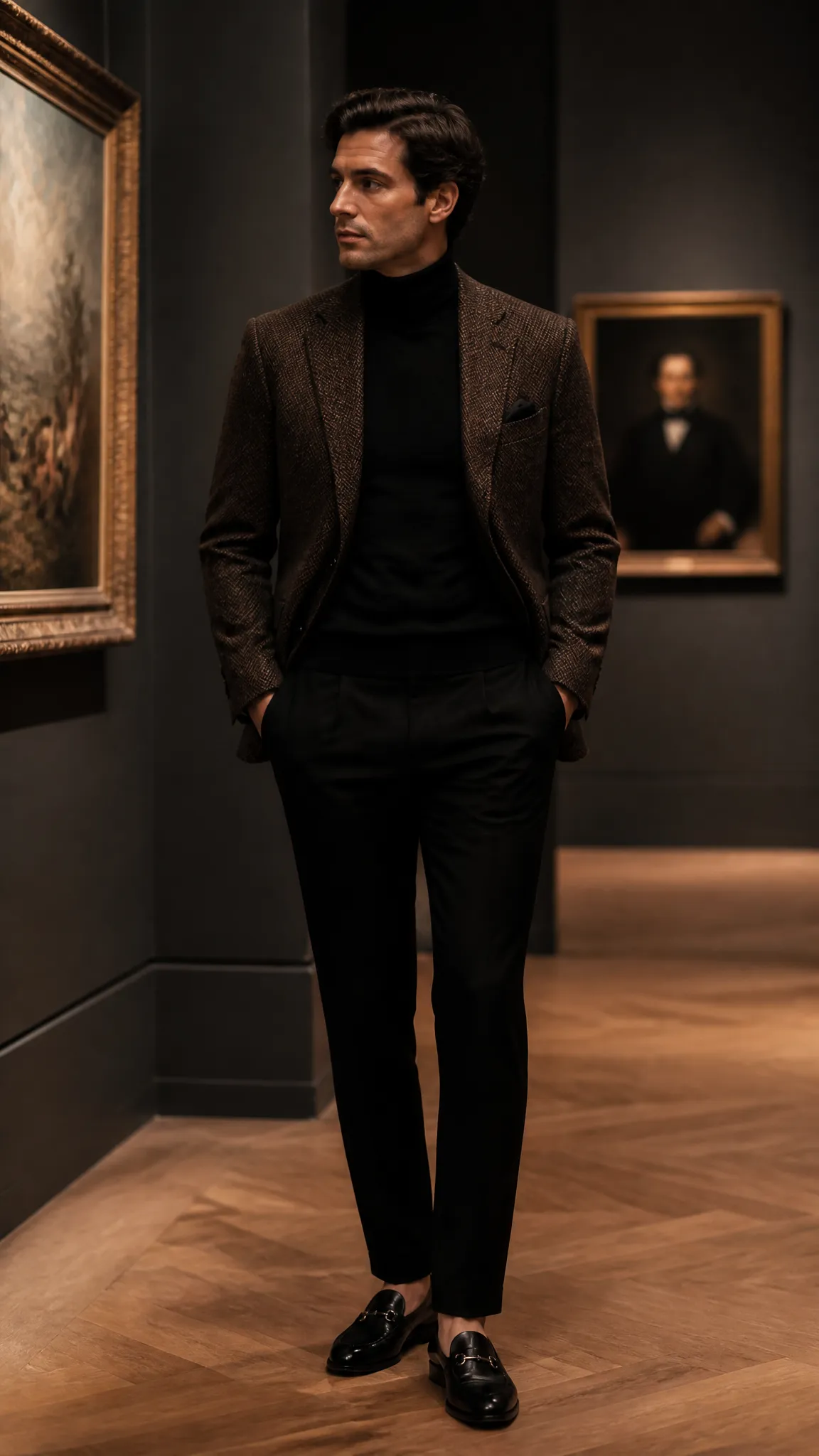 Black Turtleneck With a Tweed Blazer
