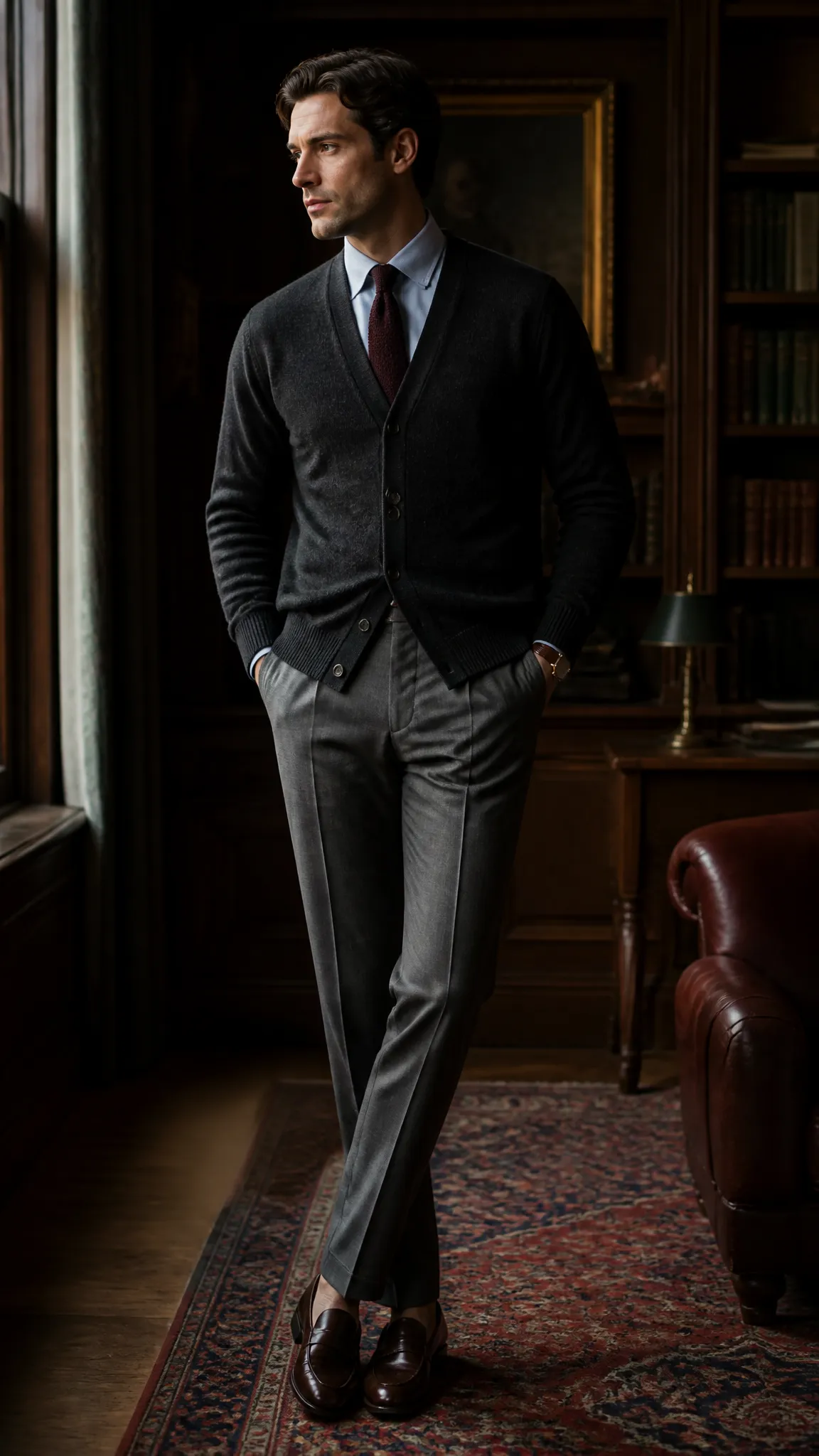 Dark Cardigan With an Oxford Shirt and Tie