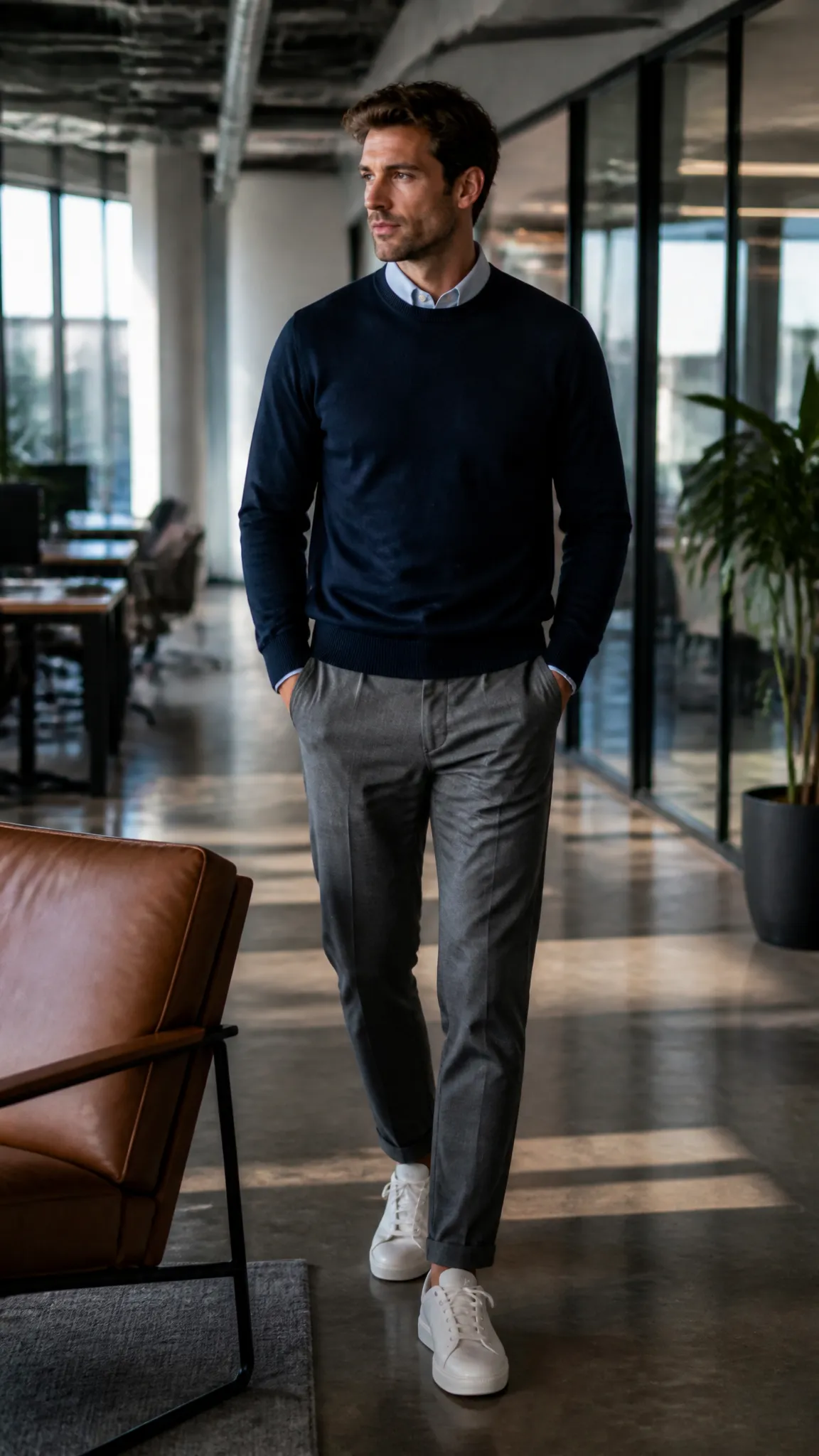 Knit Crewneck With Trousers and Clean Sneakers