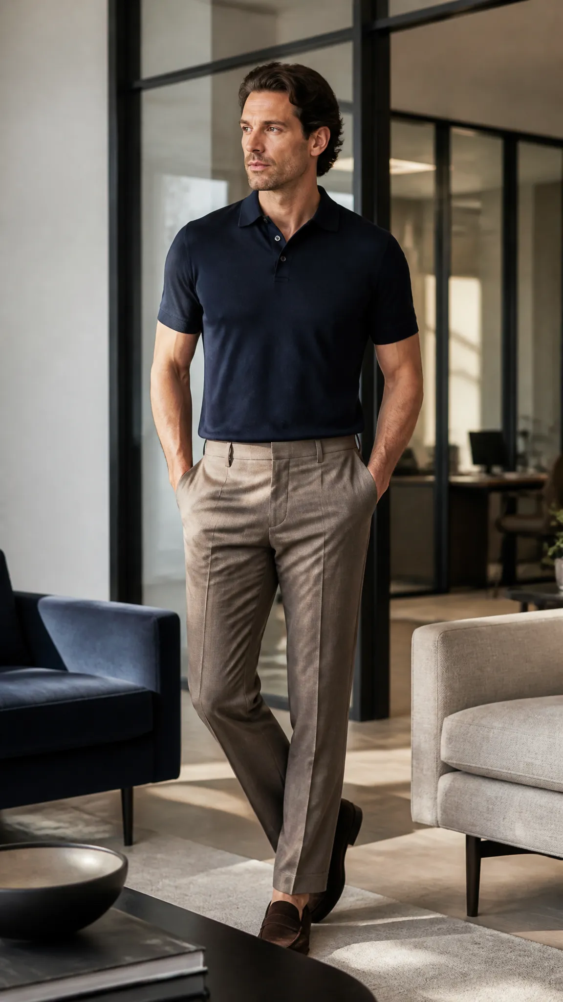 Dress Trousers With a Fine-Knit Polo