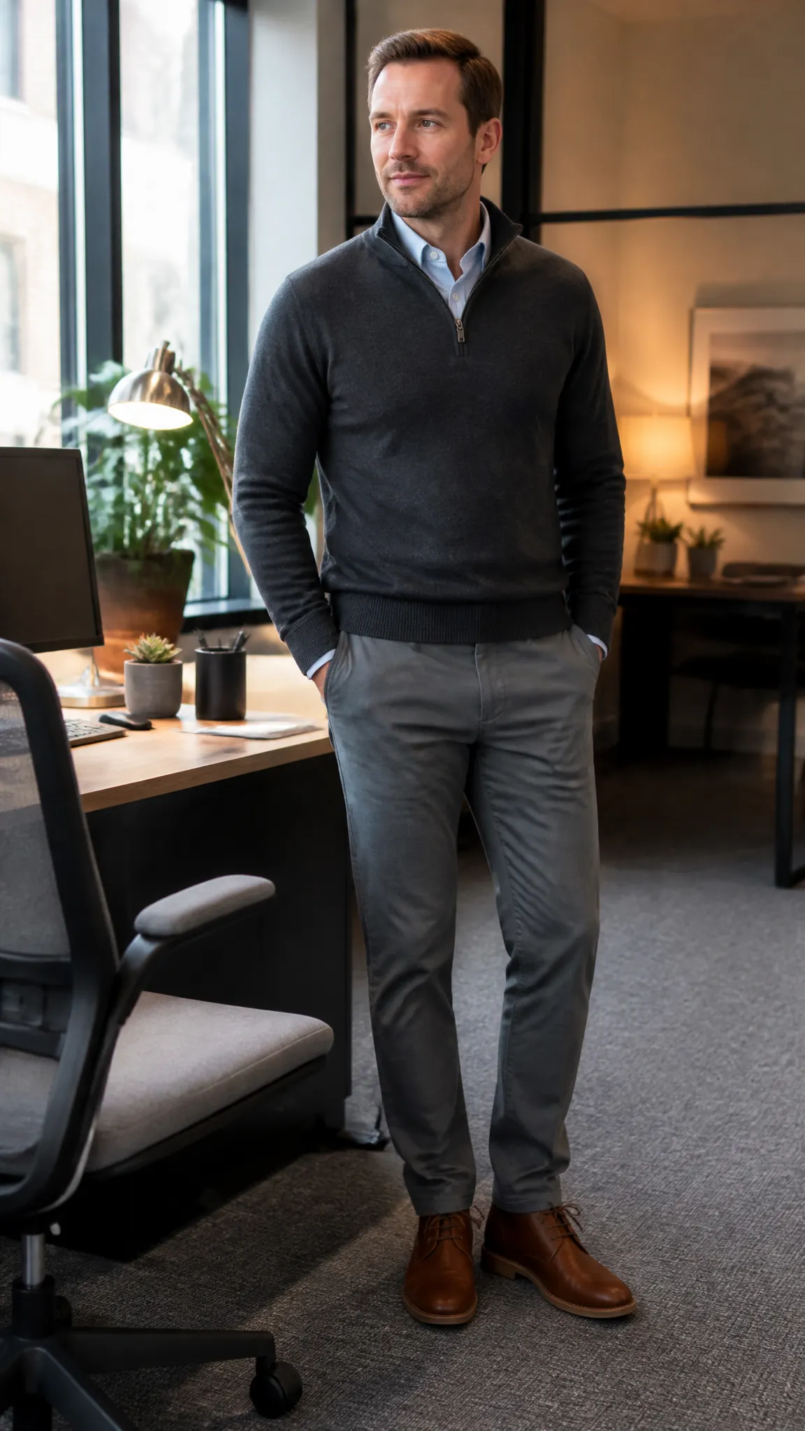Quarter-Zip Sweater Over a Button-Down