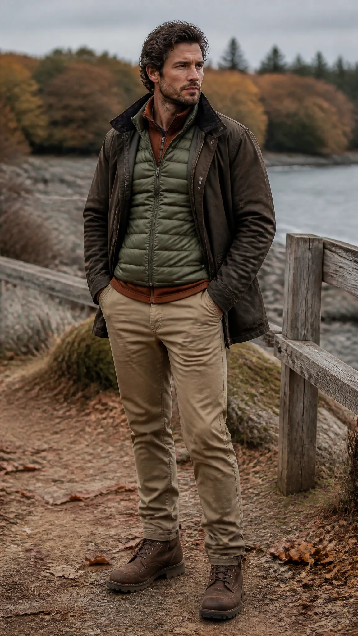 Puffer Vest Under a Waxed Jacket