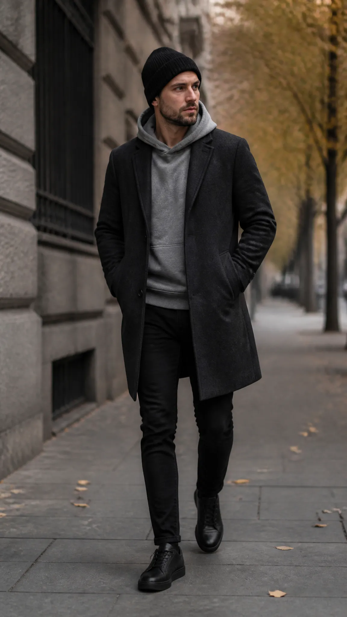 Wool Coat Over a Hoodie and Beanie