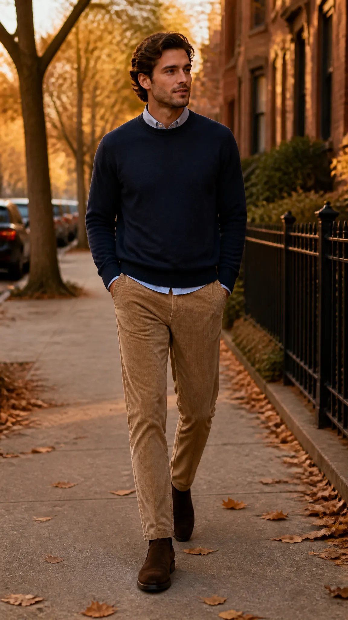 Crewneck Sweatshirt Over an Oxford Shirt