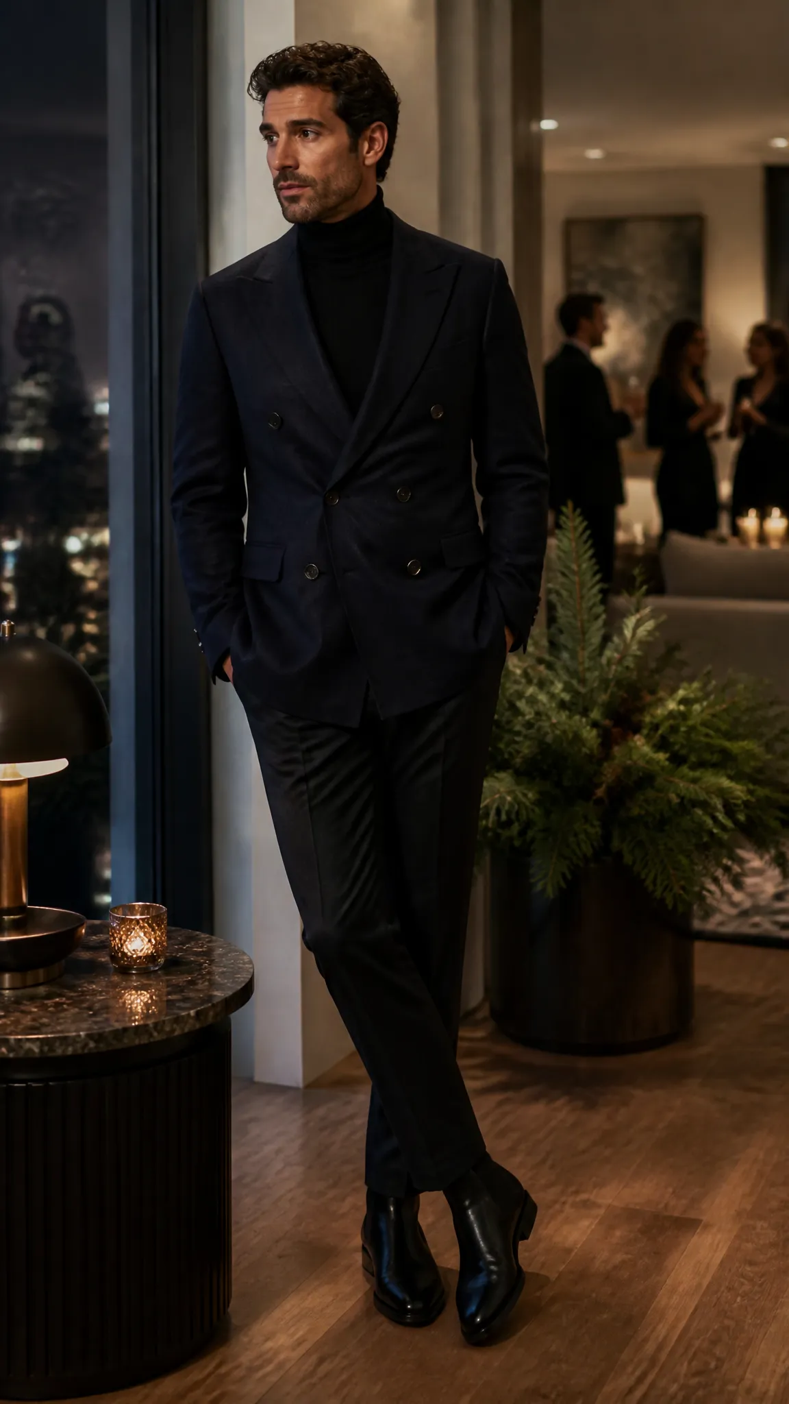 Turtleneck and Double-Breasted Blazer