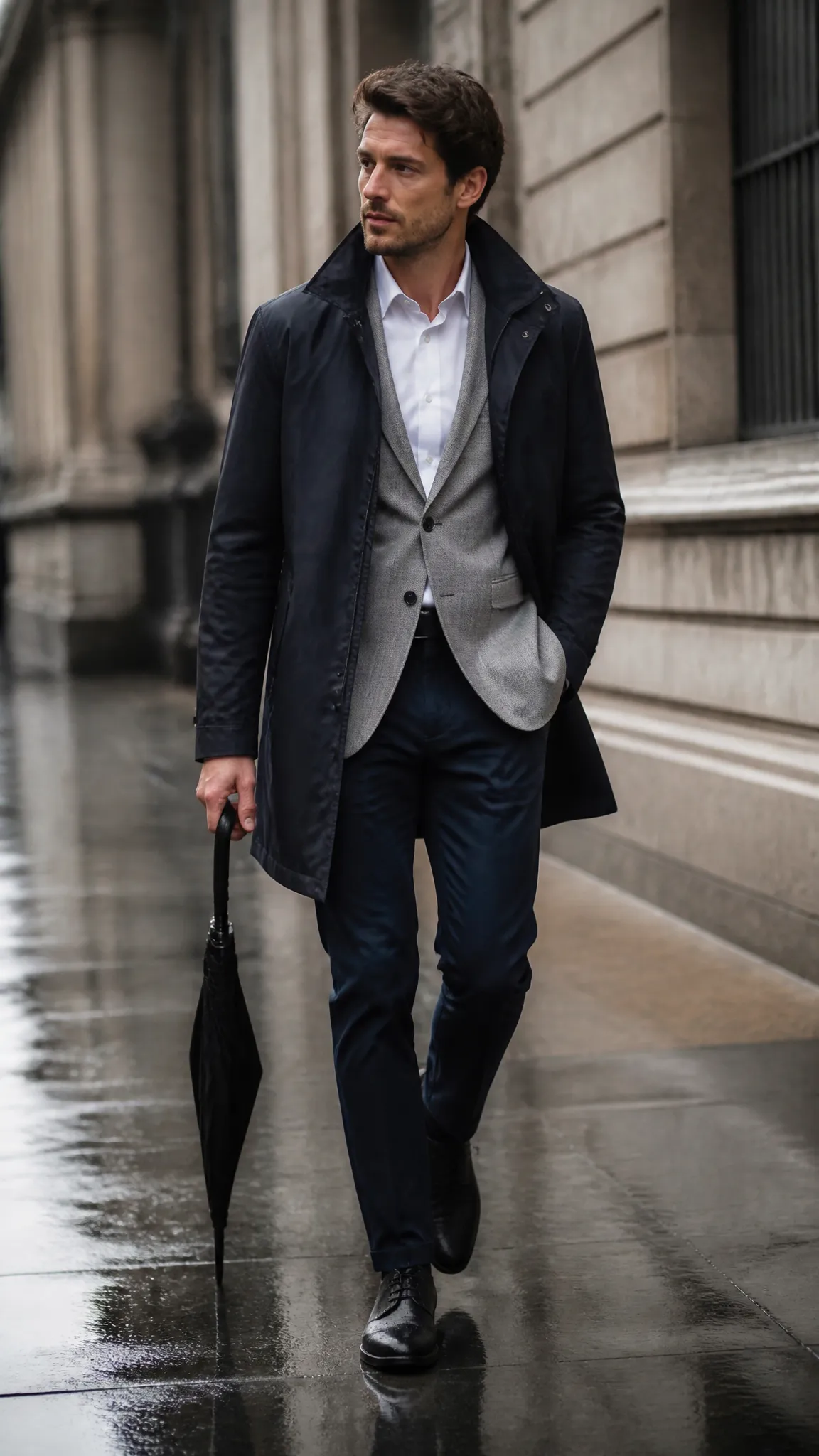 Navy Mac With Gray Tailoring