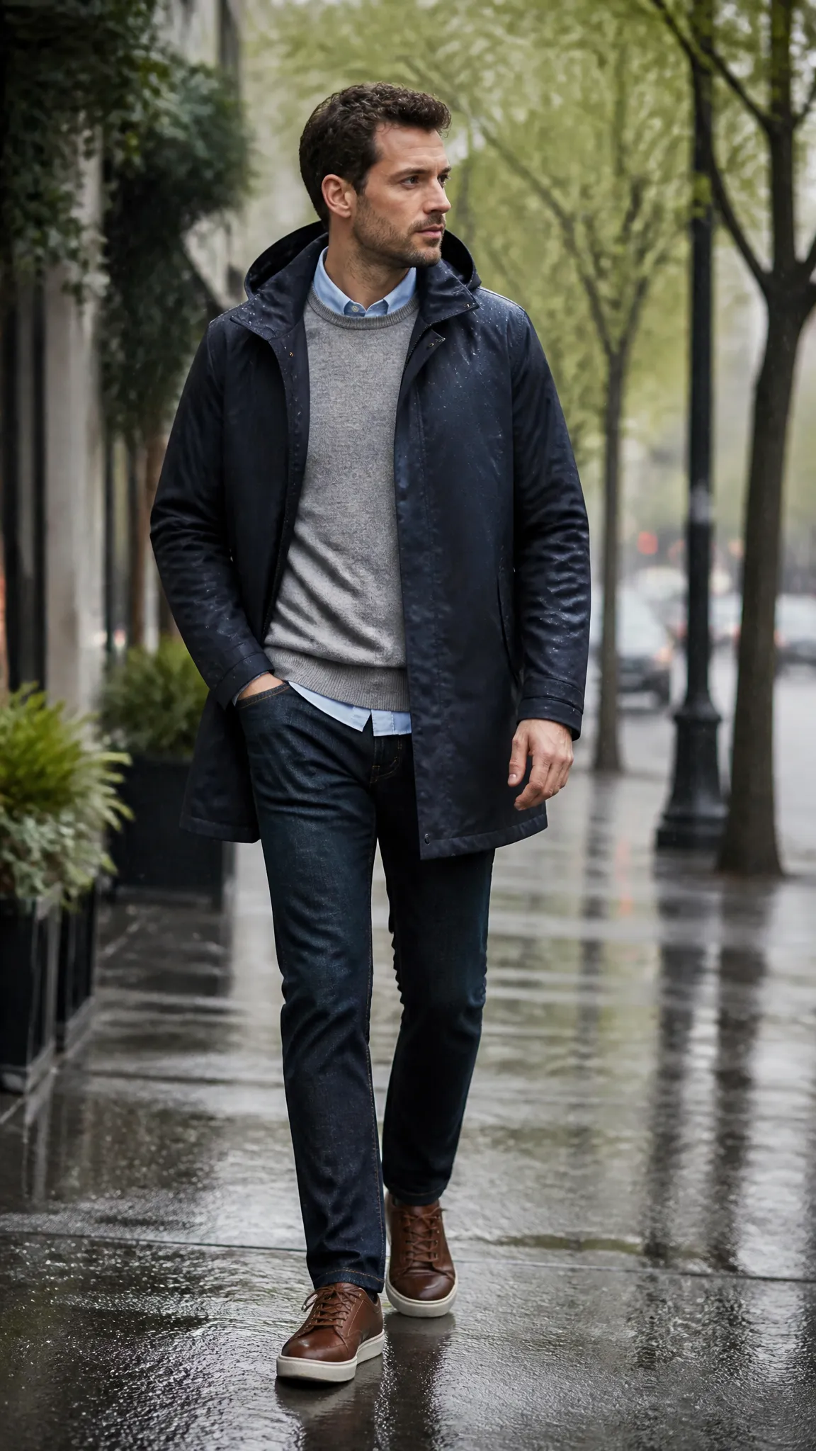 Hooded Raincoat With an Oxford Shirt