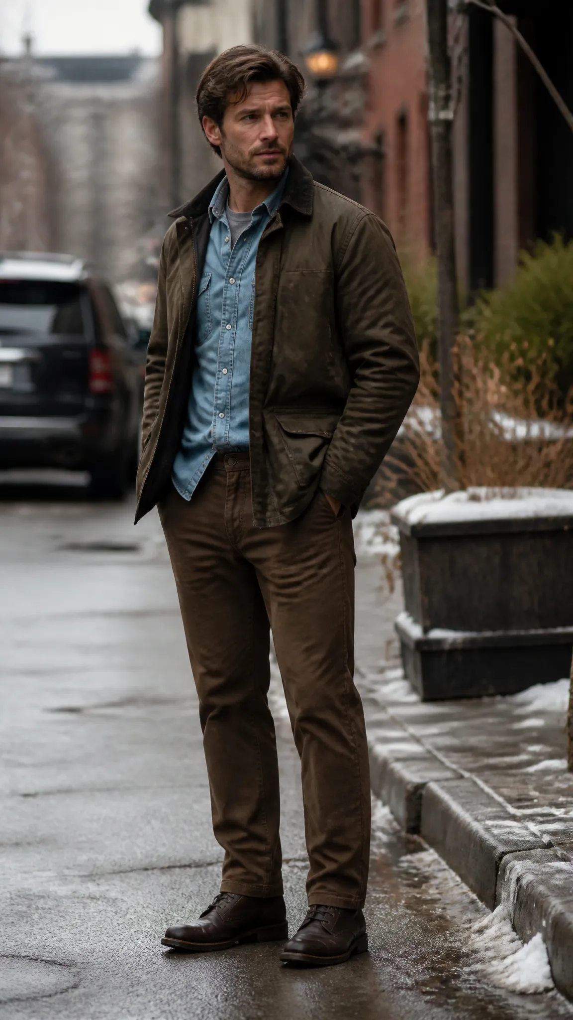 Waxed Jacket Over a Chambray Shirt