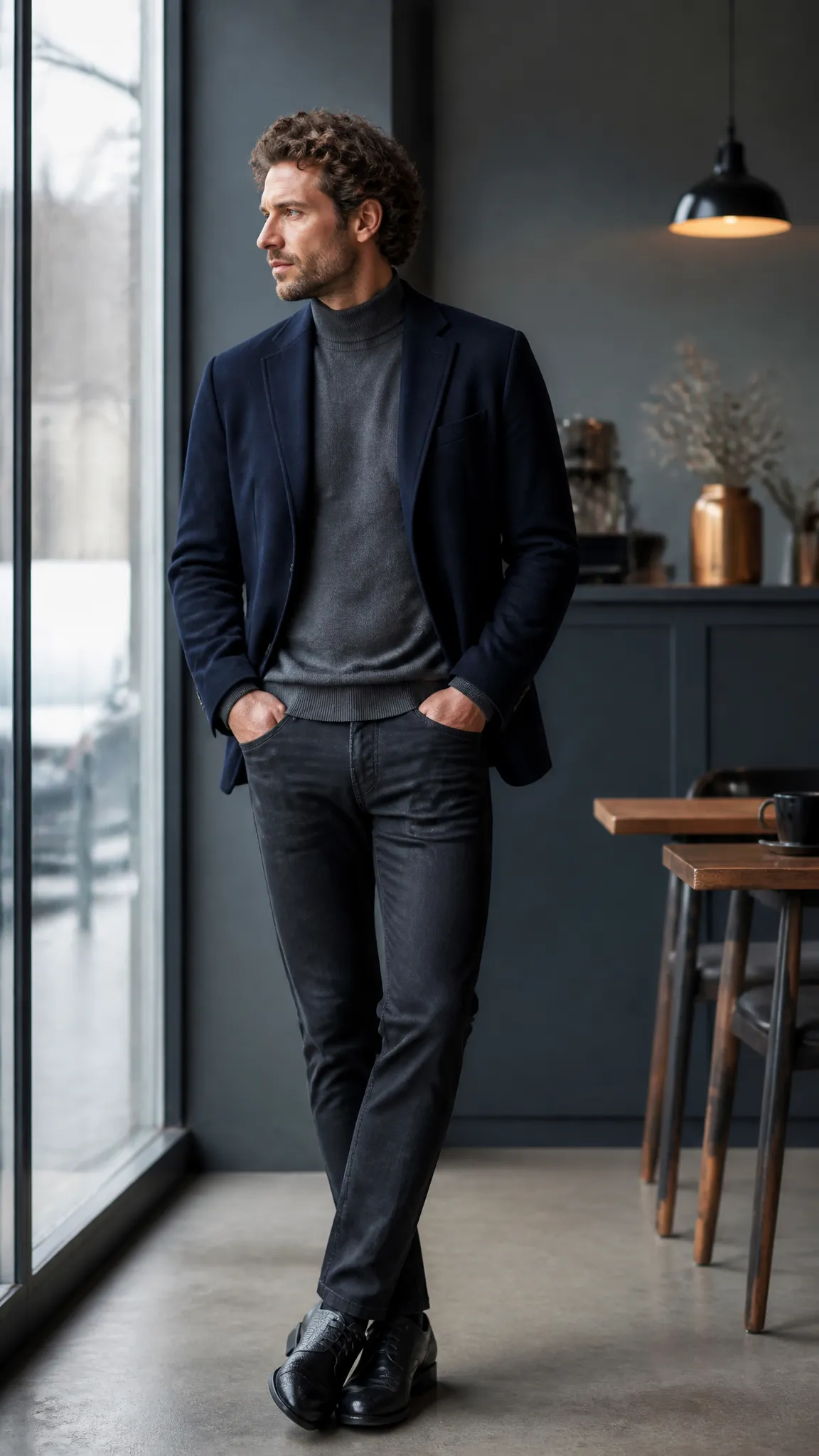 Unstructured Blazer and Mock-Neck Sweater