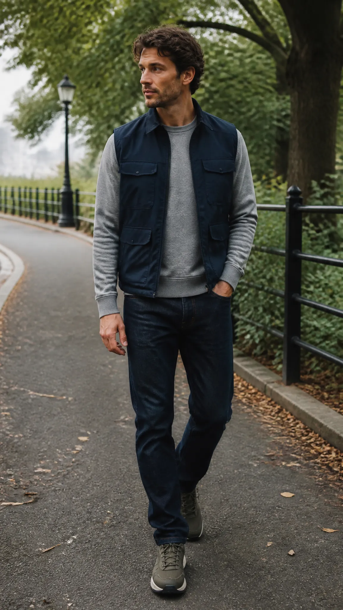 Utility Vest Over a Sweatshirt and Jeans