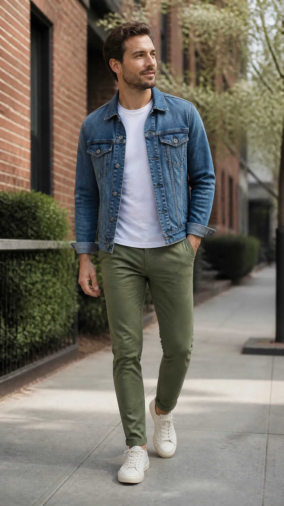 Denim Jacket With a T-Shirt and Chinos
