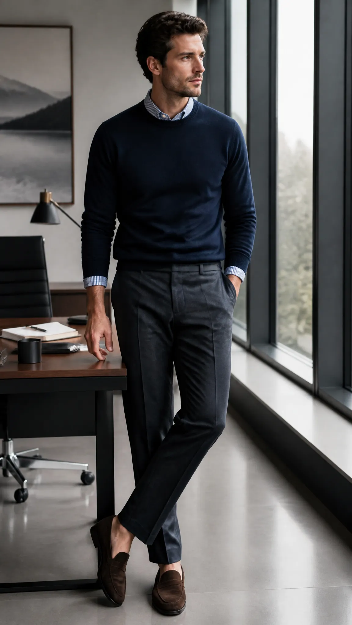 Merino Crewneck Over a Collared Shirt