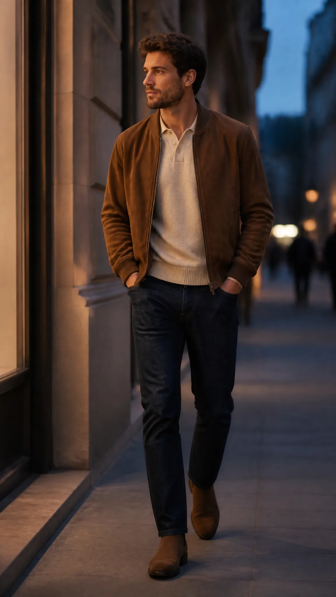 Suede Bomber With a Polo and Dark Denim