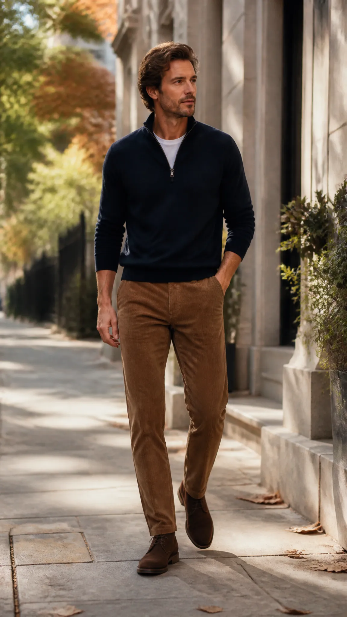 Quarter-Zip Sweater With Corduroy Trousers
