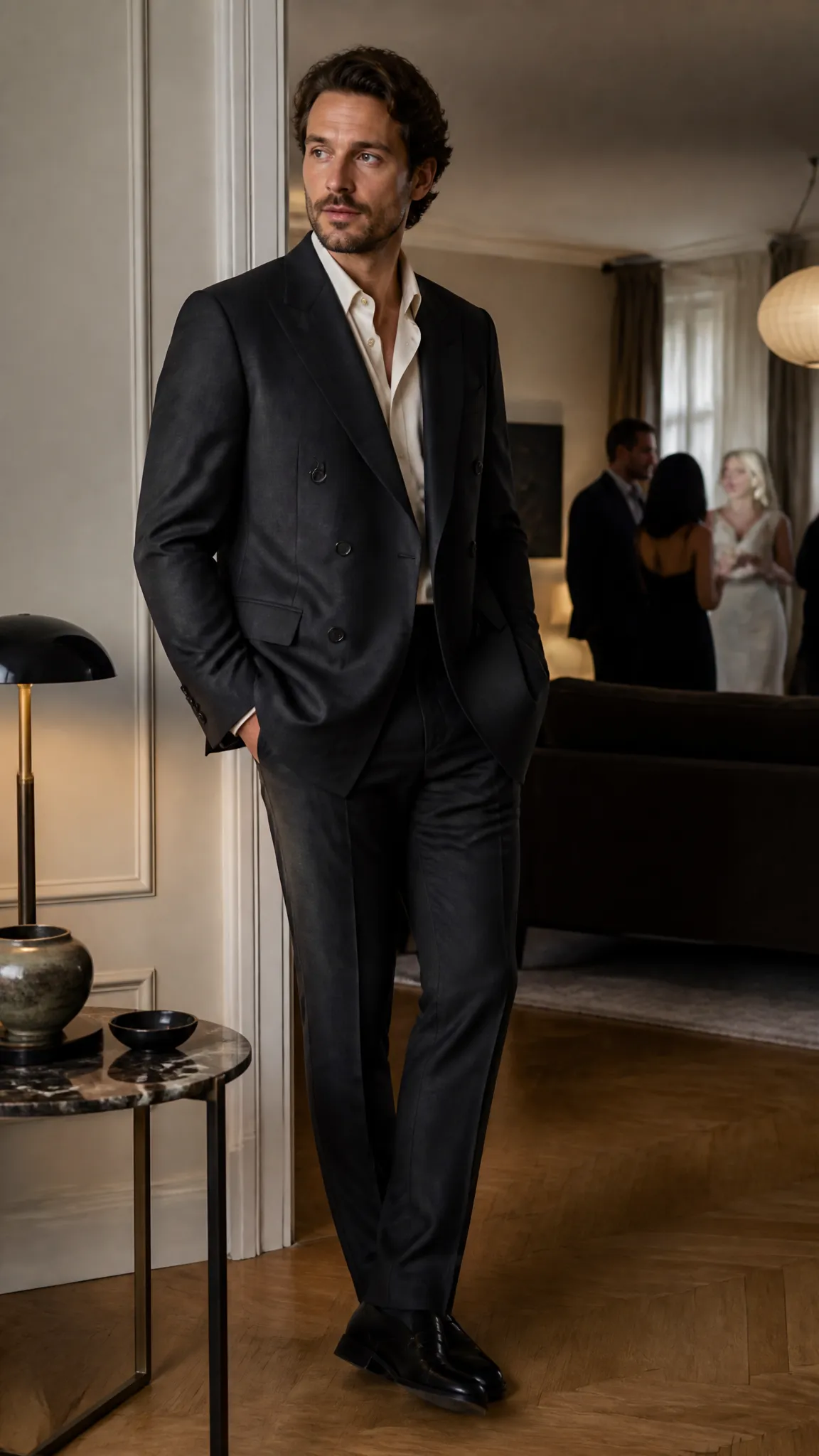 Double-Breasted Suit and Open-Collar Shirt