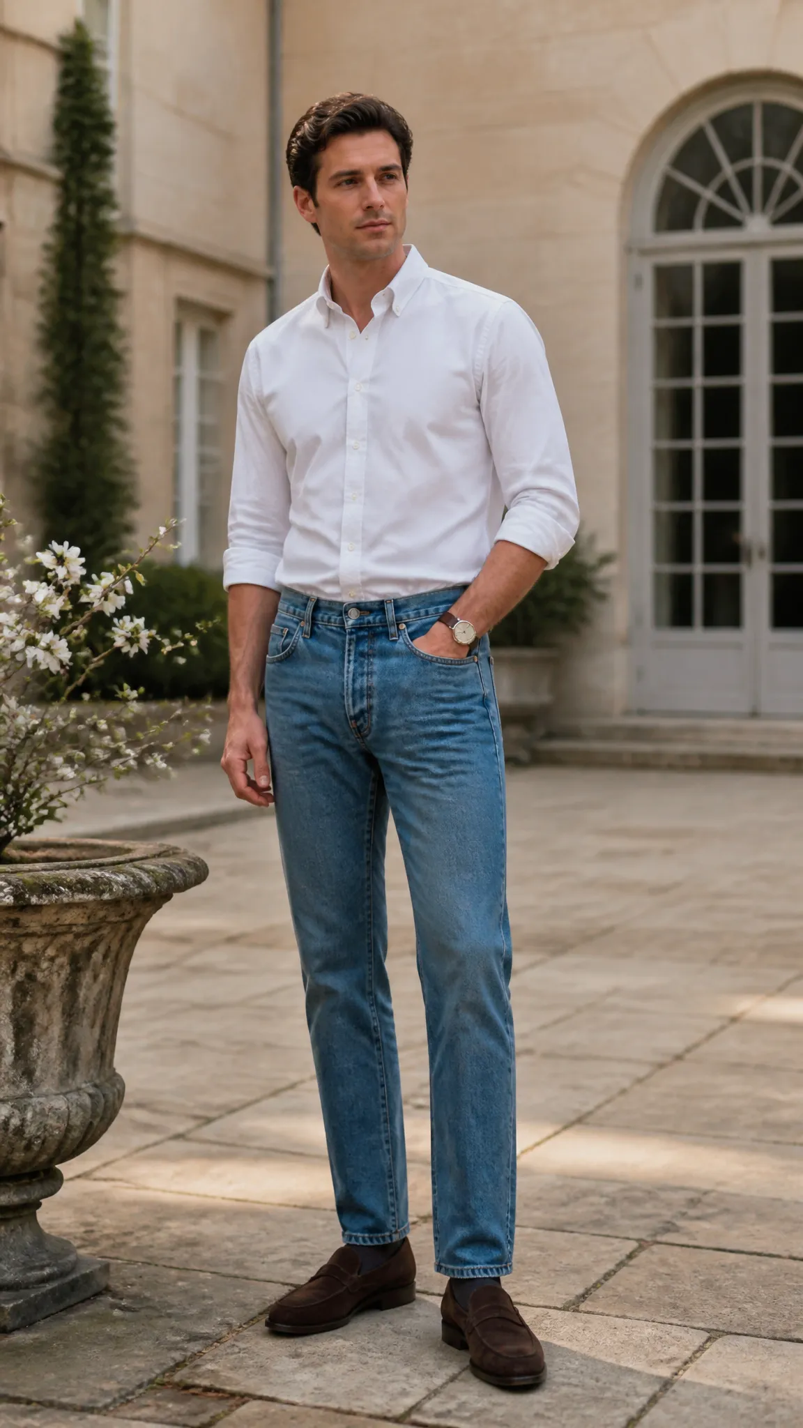2. White Oxford, Faded Denim, and Suede Loafers