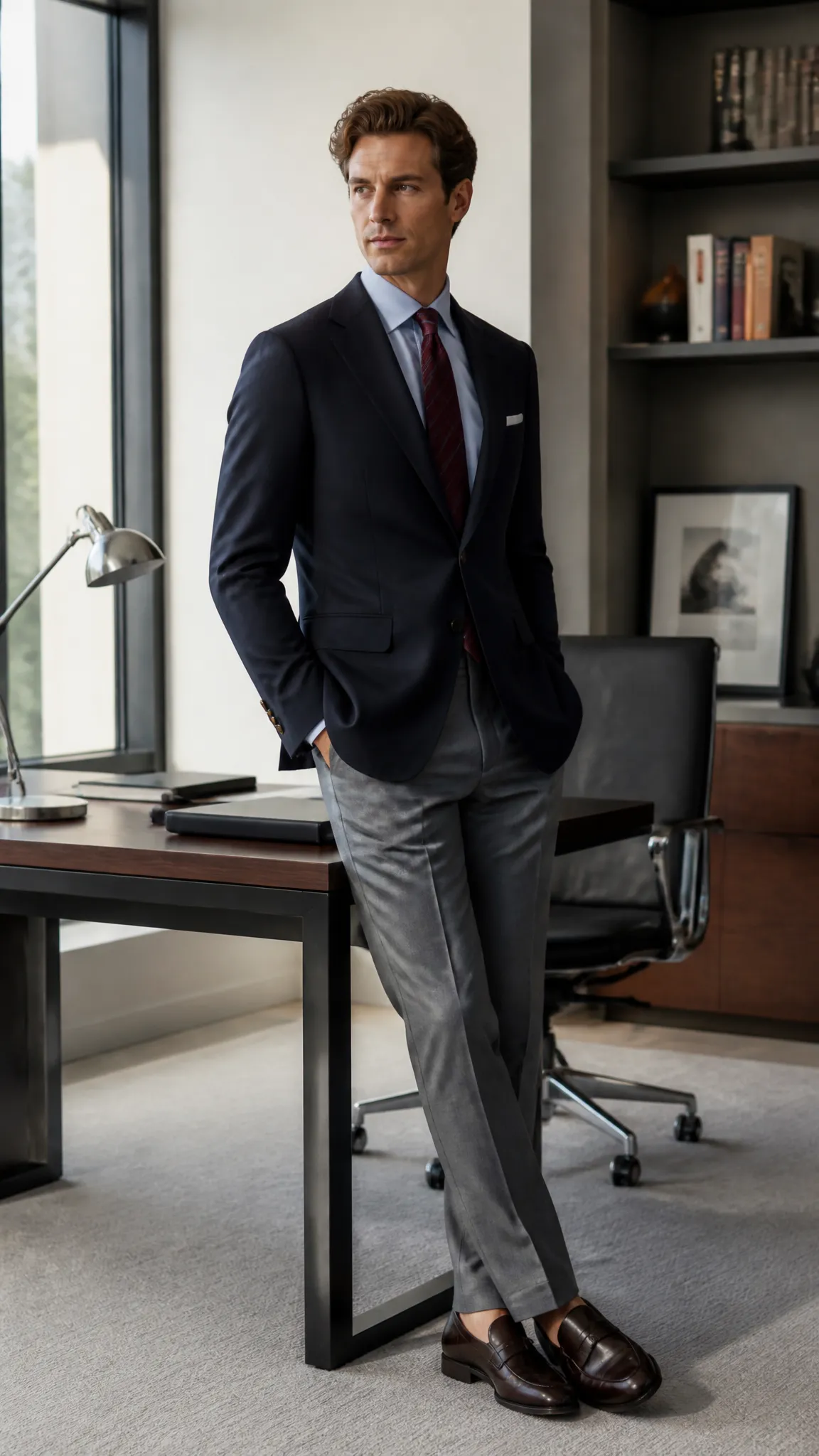 Navy Blazer With Gray Wool Trousers
