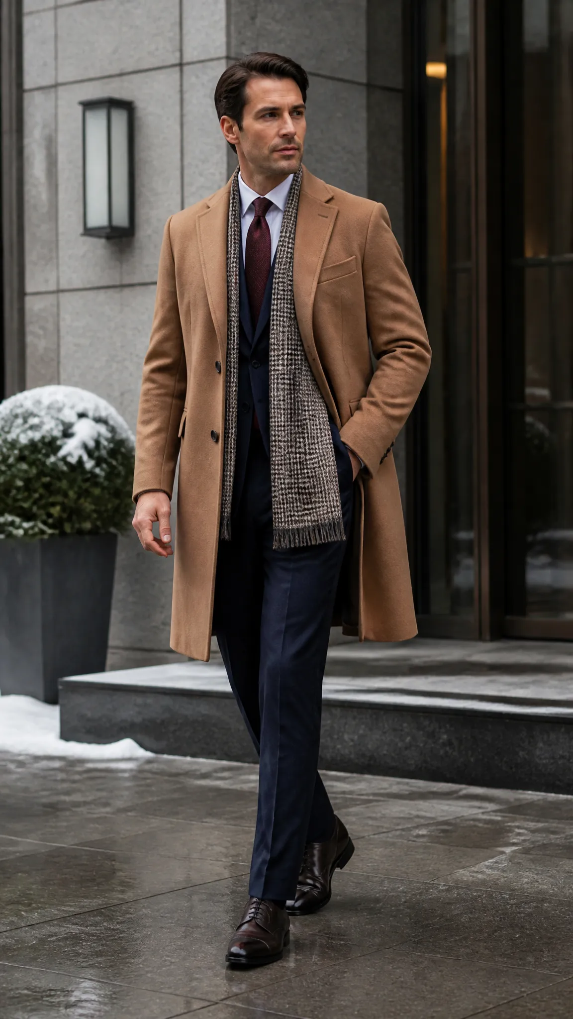 Camel Topcoat Over Navy Tailoring