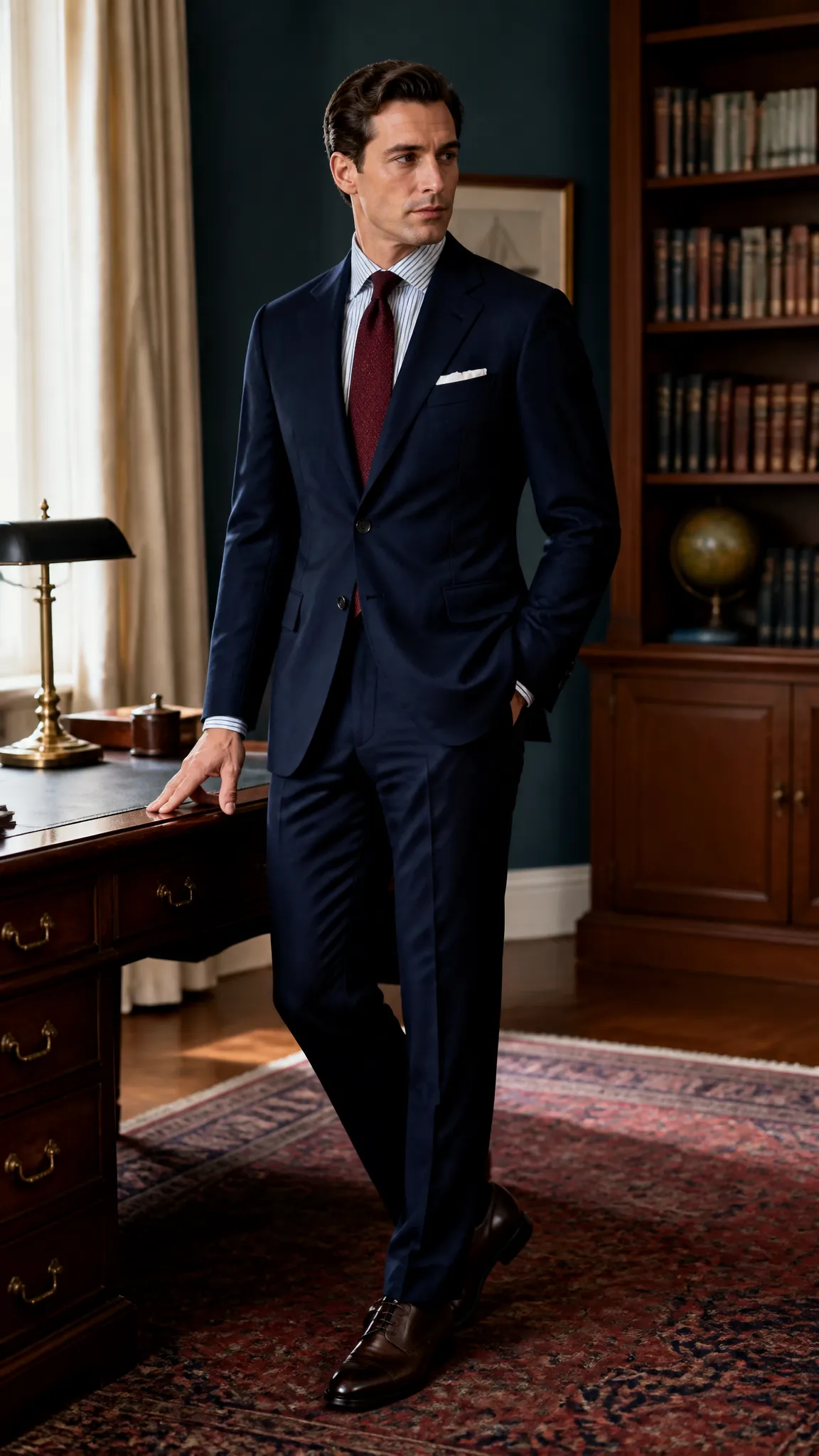 Navy Suit With a University-Stripe Shirt