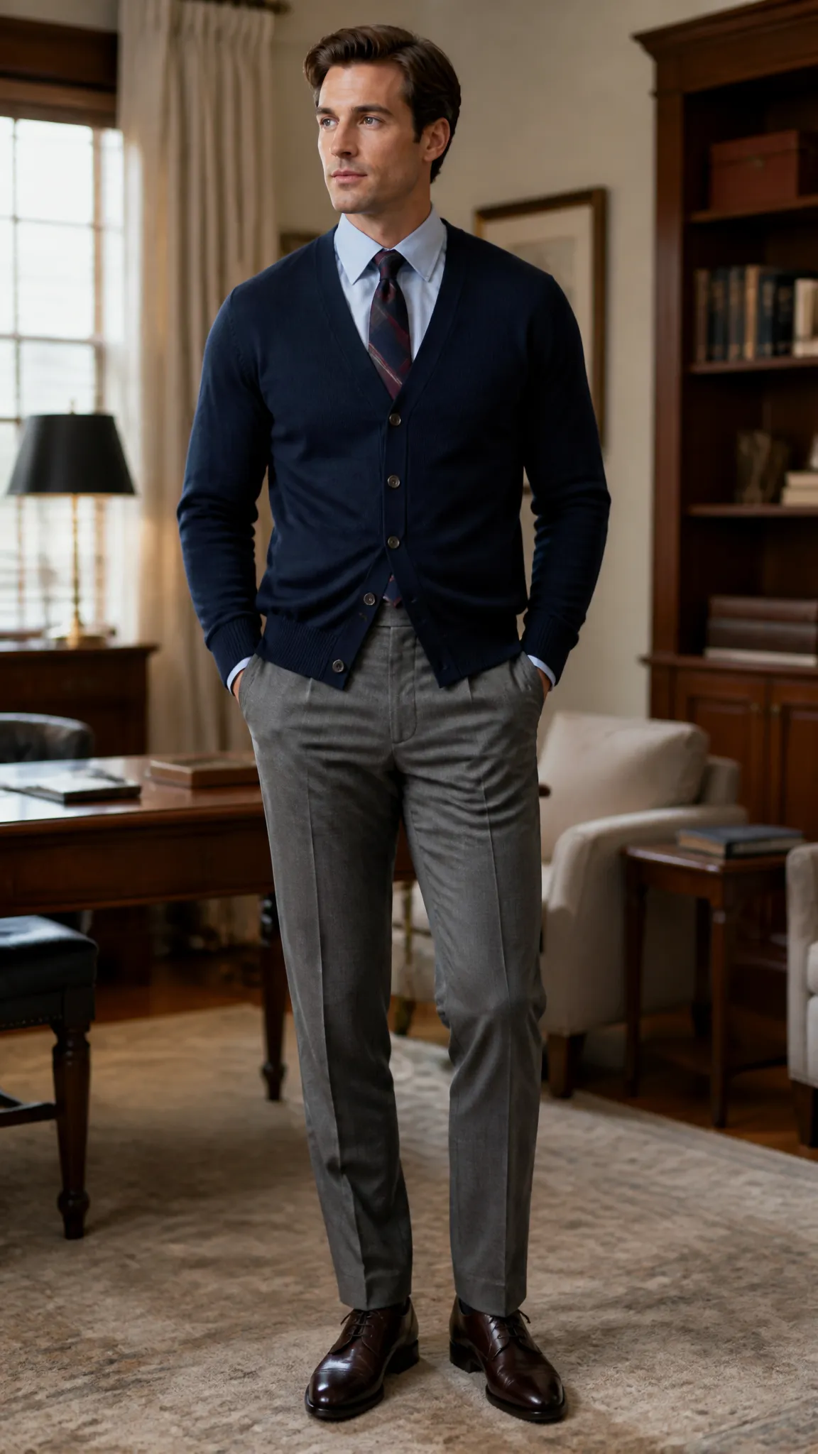 Navy Cardigan With a Repp Tie