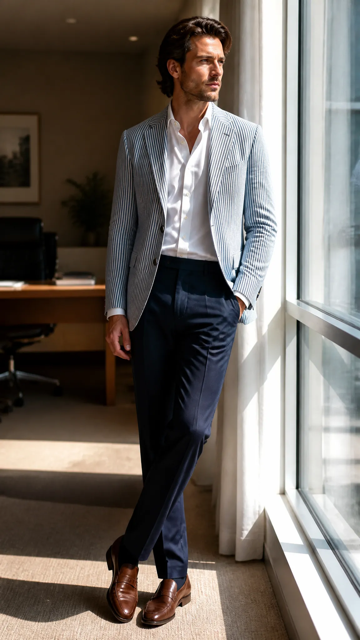 Seersucker Jacket With Navy Trousers