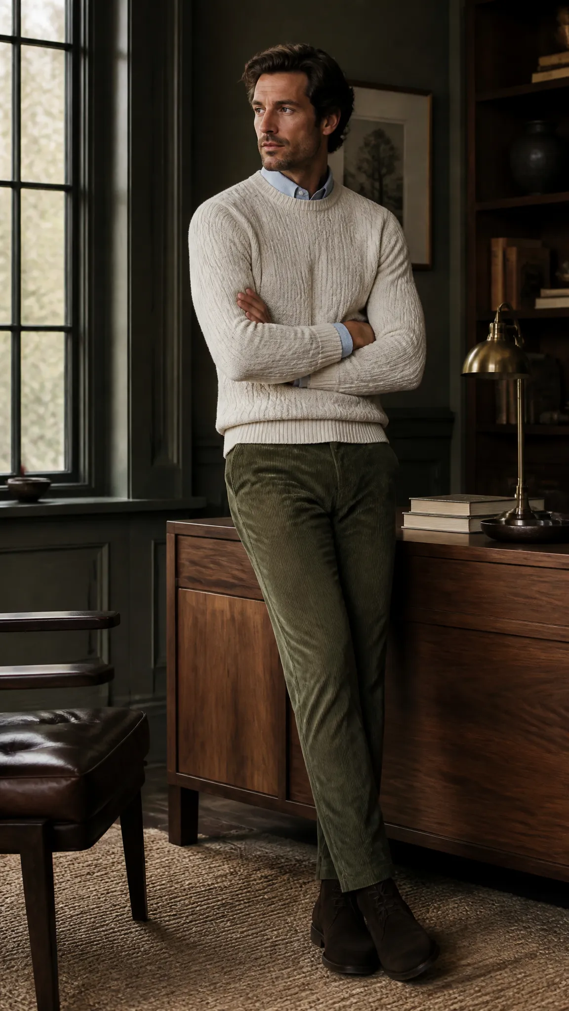 Cable-Knit Sweater With Corduroy Trousers