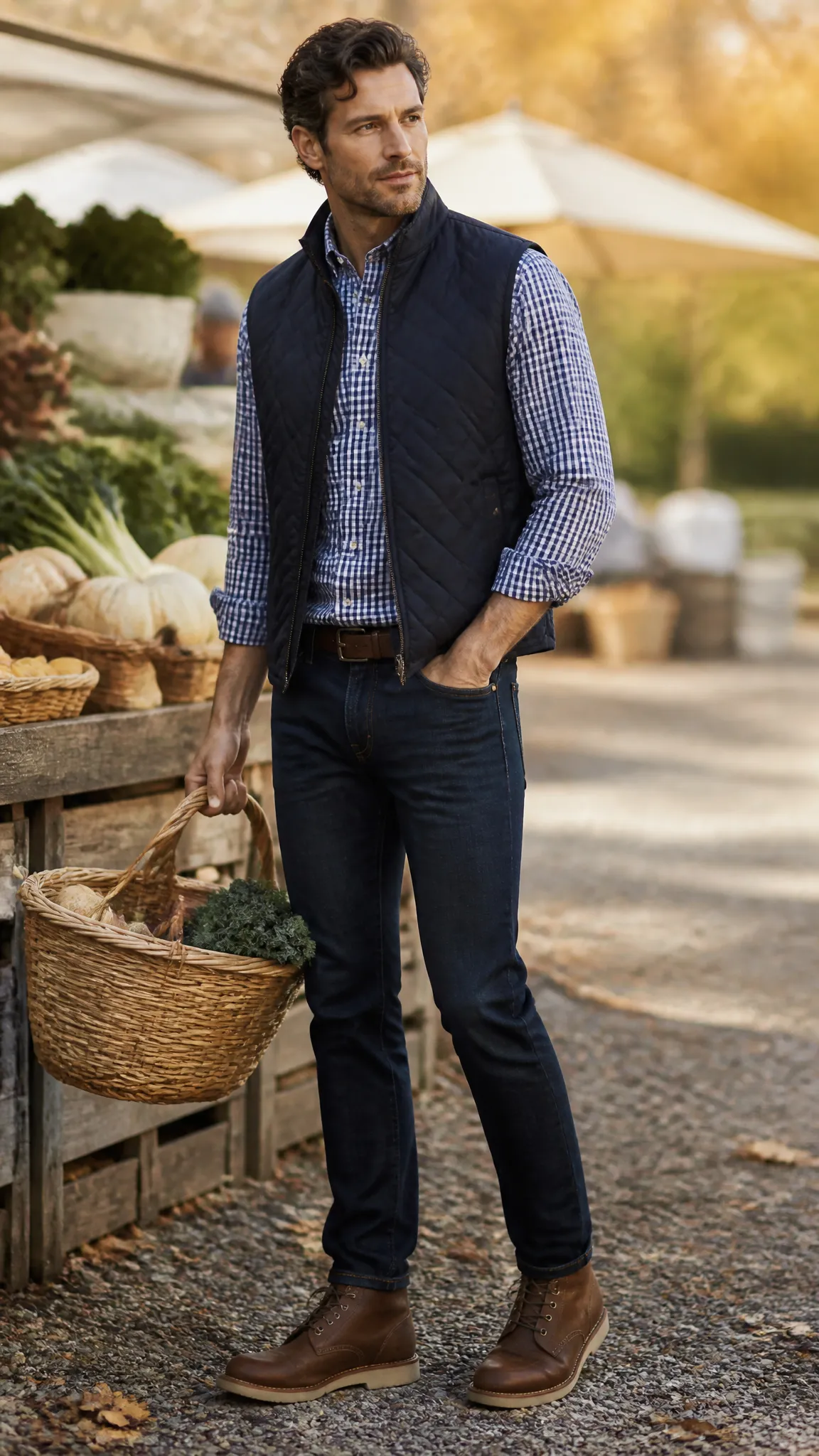 Quilted Vest, Gingham Shirt, and Dark Denim