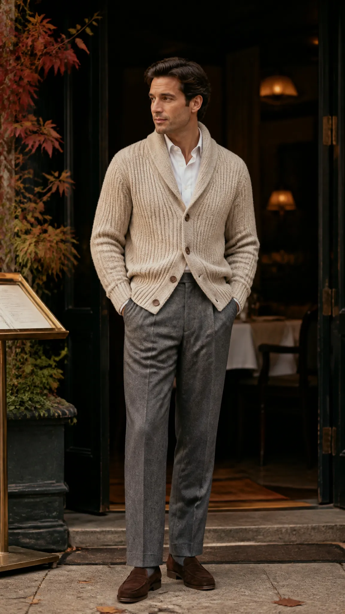 Shawl-Collar Cardigan and Flannel Trousers